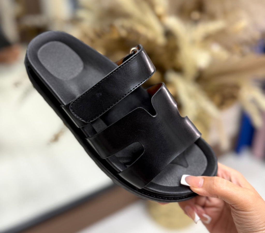 Hermes Inspired Velcro Sliders - Black