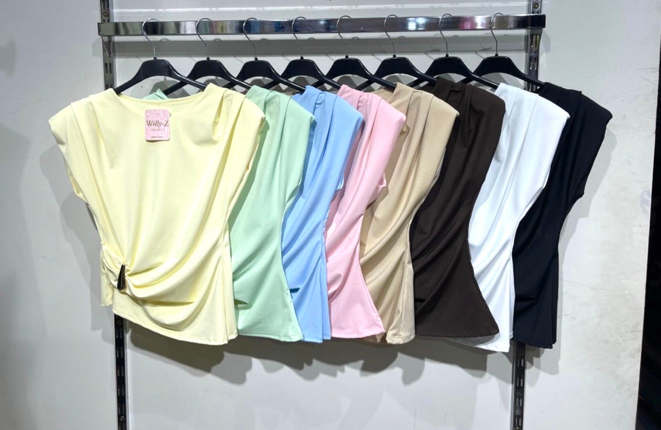 Double Layer Asymmetrical Gold Buckle Ruched Detail Shoulder Pad Slinky Top