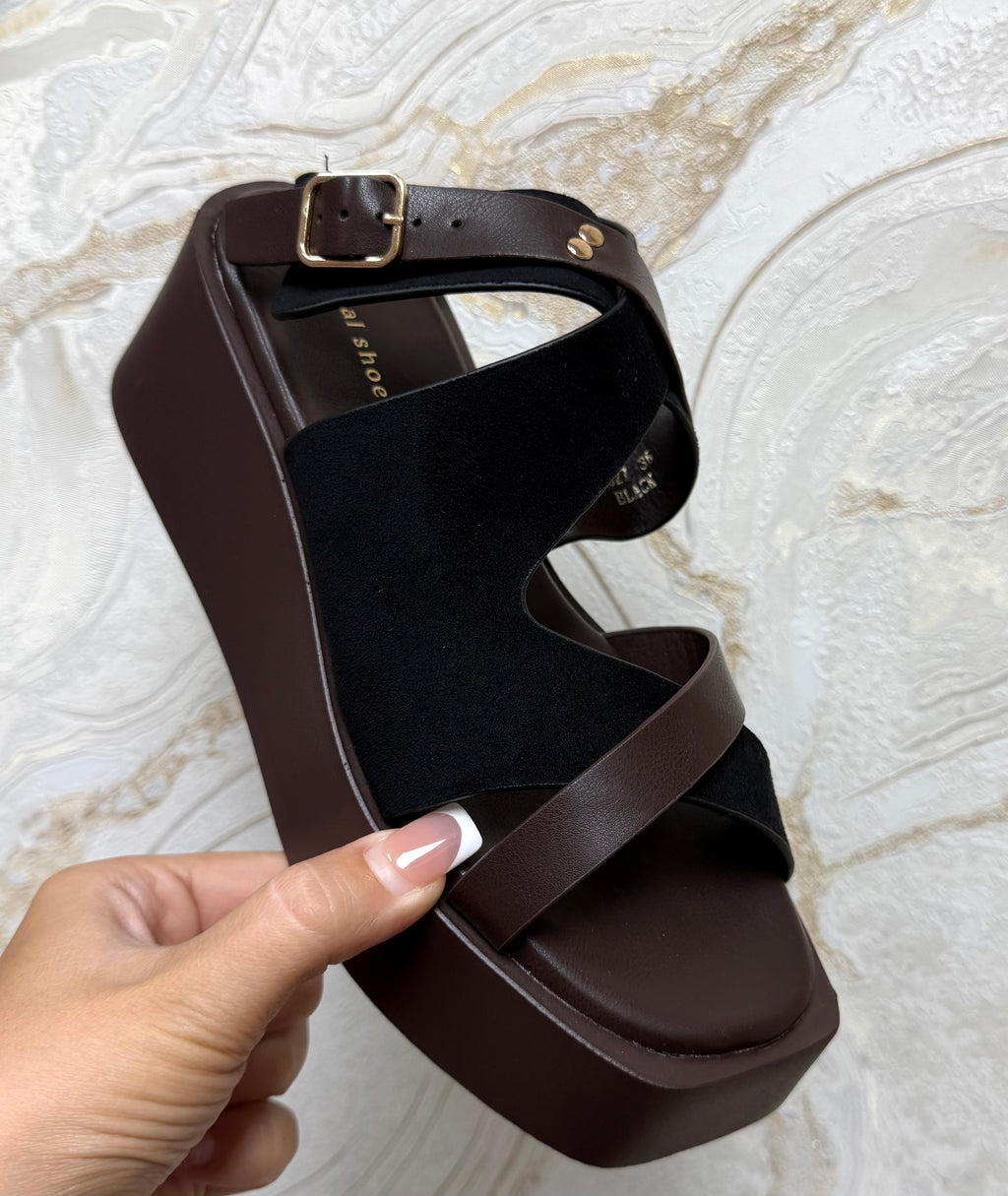 Faux Suede Strappy Flatform Wedge Sandals - Black & Brown