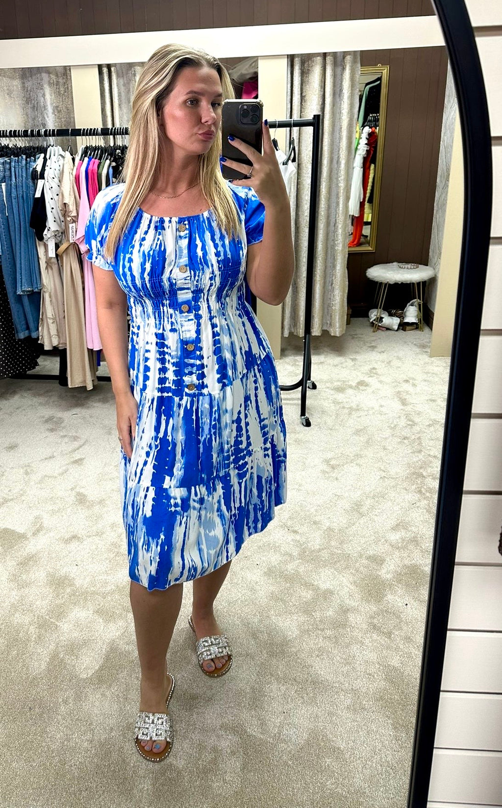Tie Dye Elasticated Waist Cinching Tiered Dress