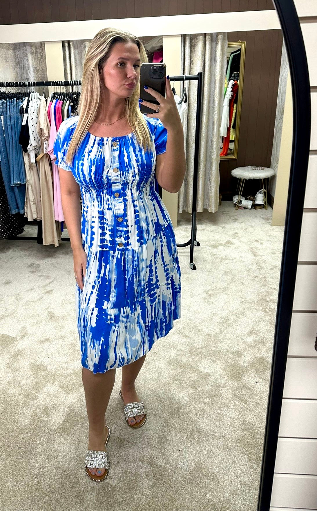Tie Dye Elasticated Waist Cinching Tiered Dress