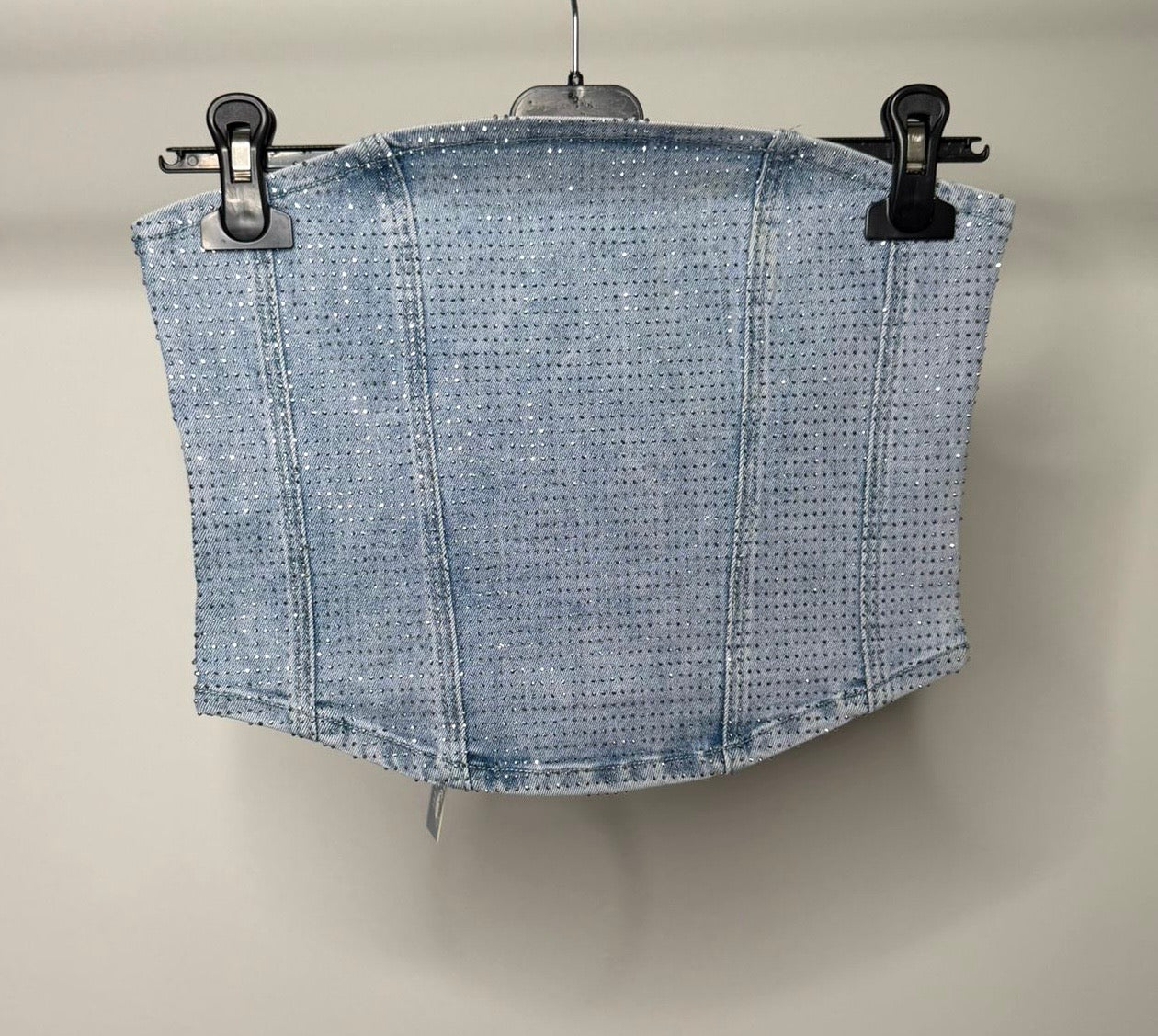 Diamanté Stretchy Denim Zip Up Corset Top