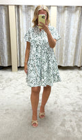 Leaf Print Angel Sleeve Fit & Flare Dress - Green