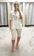 Beige Embellished Flower T-Shirt