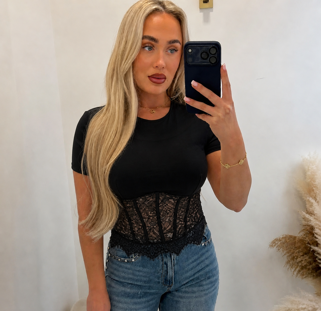 Lace Corset Detail Stretchy Top