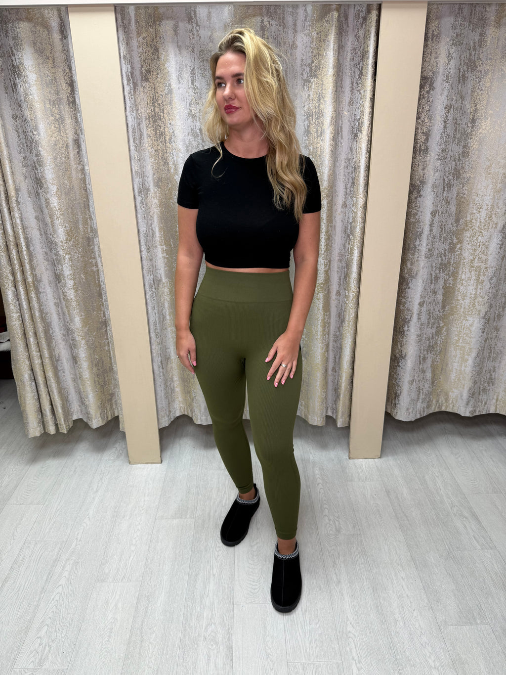 High Waisted Shaping Ribbed Leggings - Khaki