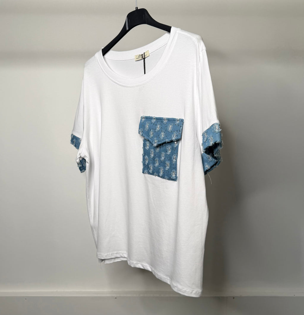 White T-Shirt With Denim Pocket & Silver Sequin Sleeve Trim Detail