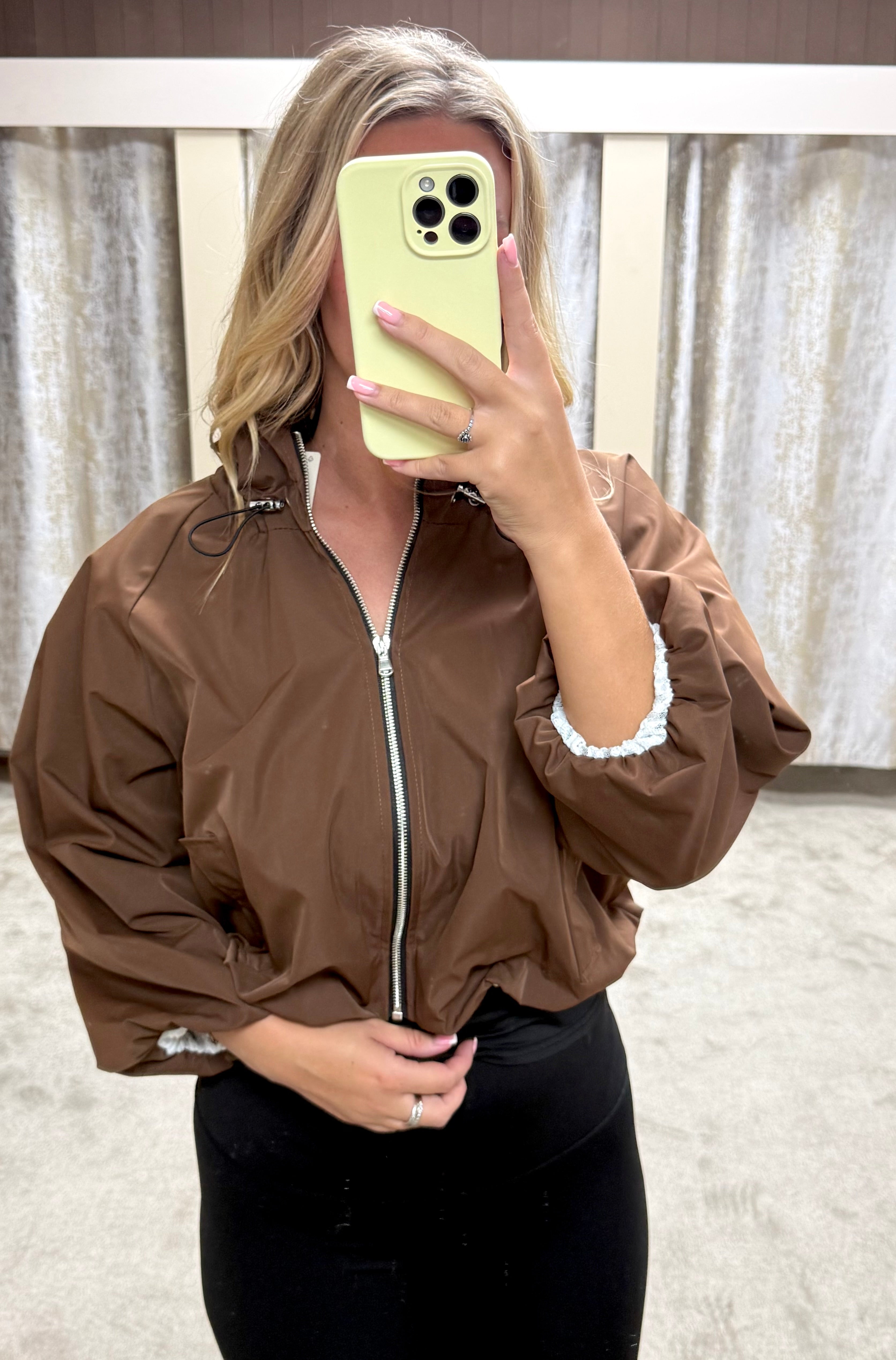 Ruched Collar Detail Waist Cinching Elasticated Zip Up Jacket