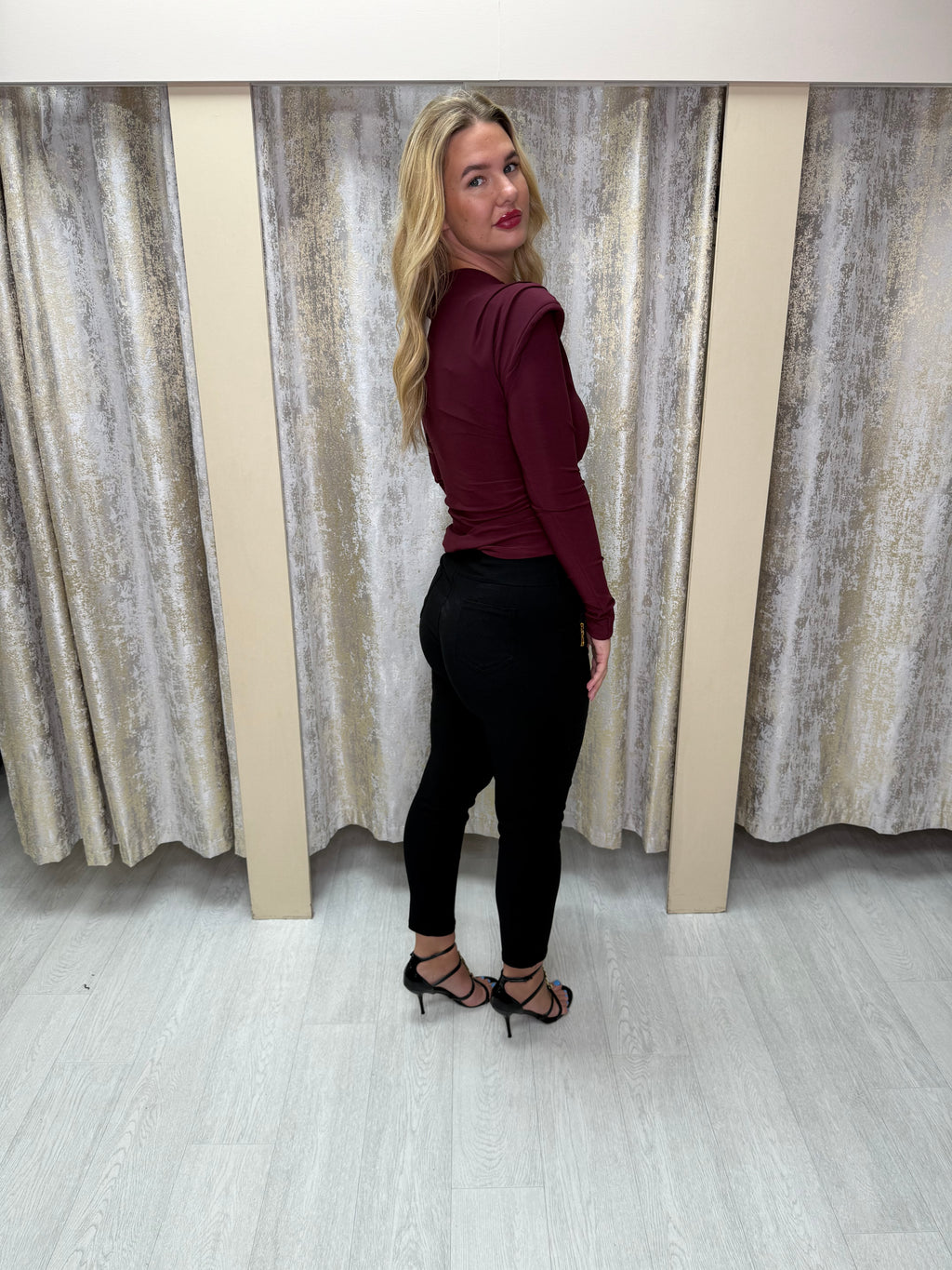 Asymmetric Side Split Long Sleeve Buckle Top with Shoulder Pads & Ruched Detailing