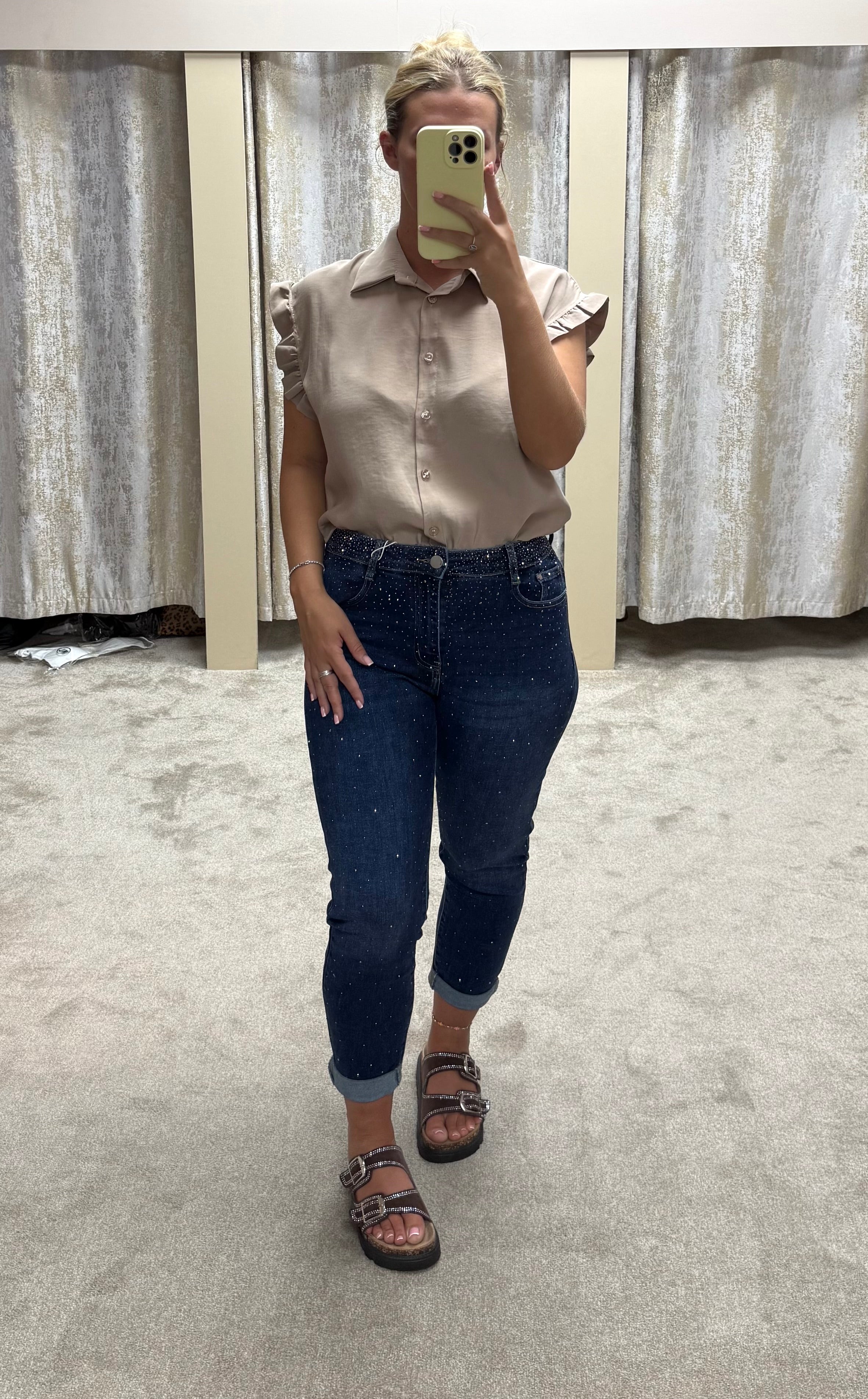 Diamanté Stretchy Mom Jeans - Dark Denim