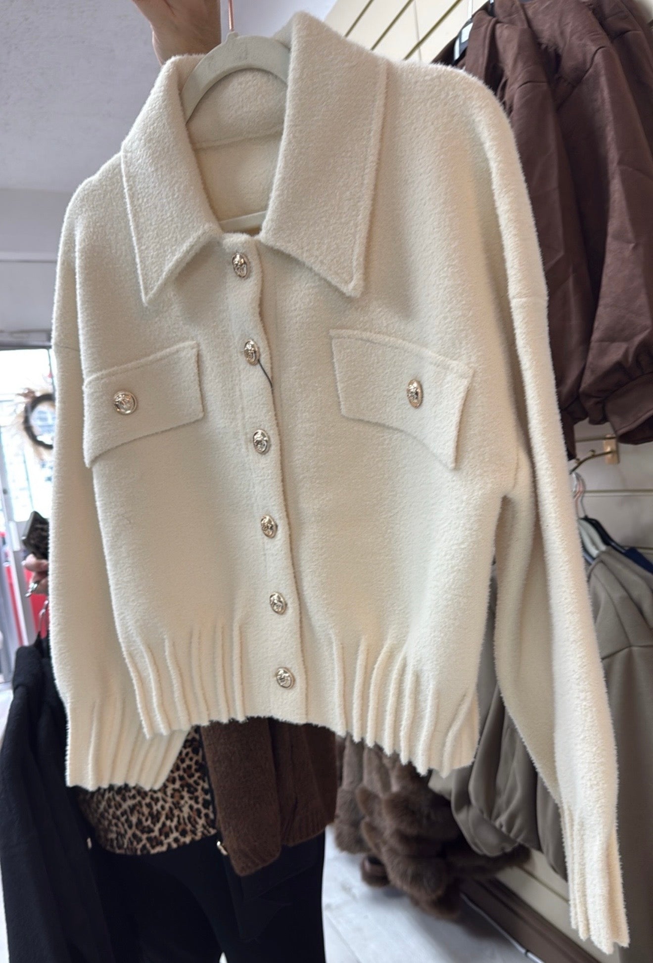 Cinched Waist Soft Fur Gold Button Detail Jacket