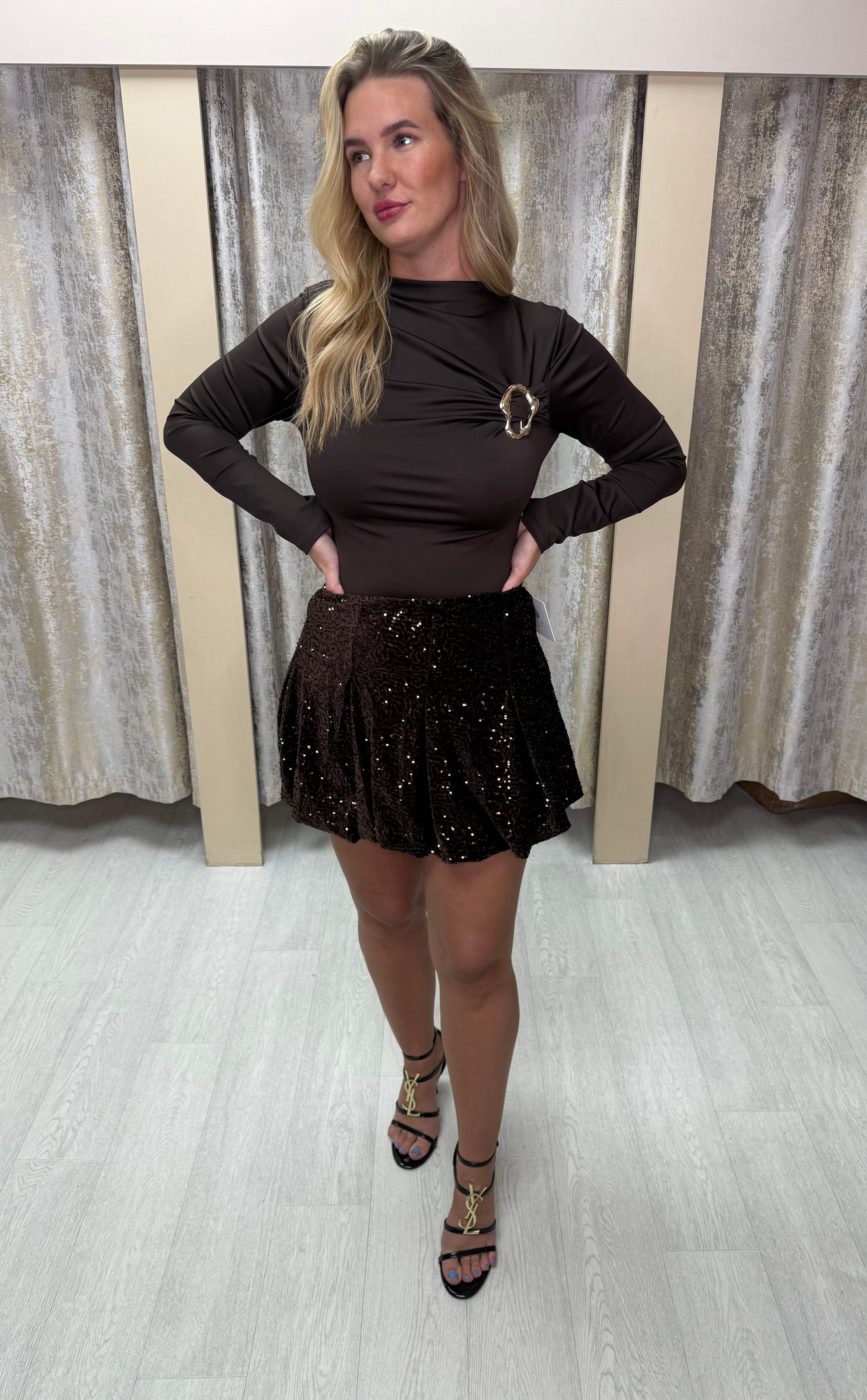 Glitter Sequin Pleated Elasticated Skirt - Brown