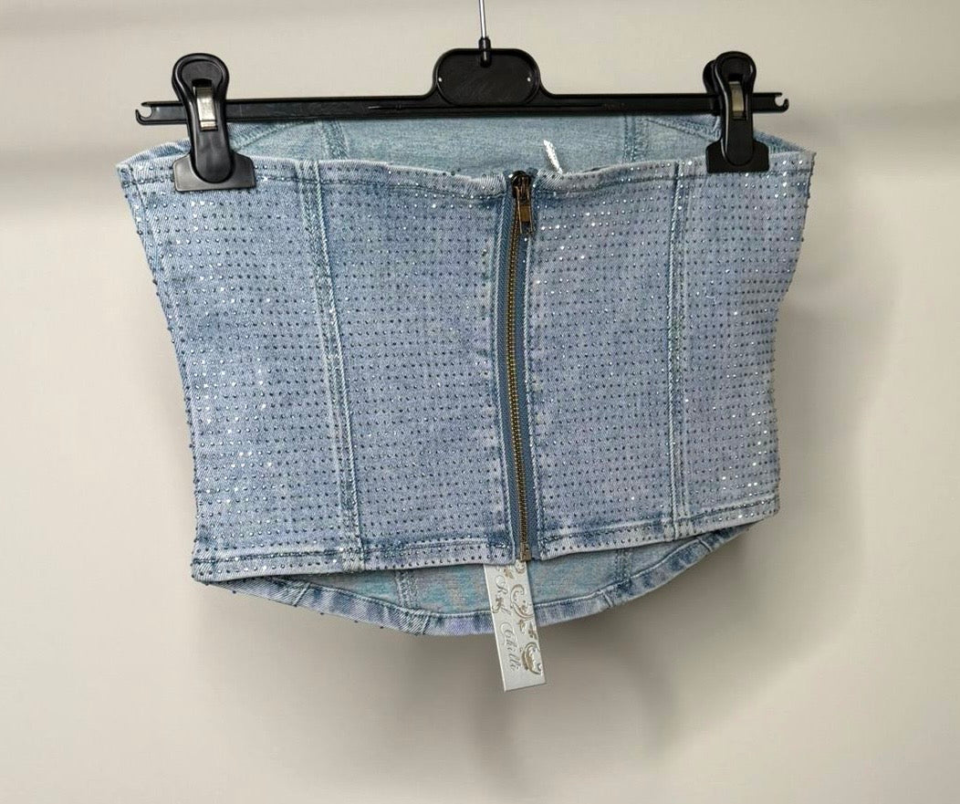 Diamanté Stretchy Denim Zip Up Corset Top