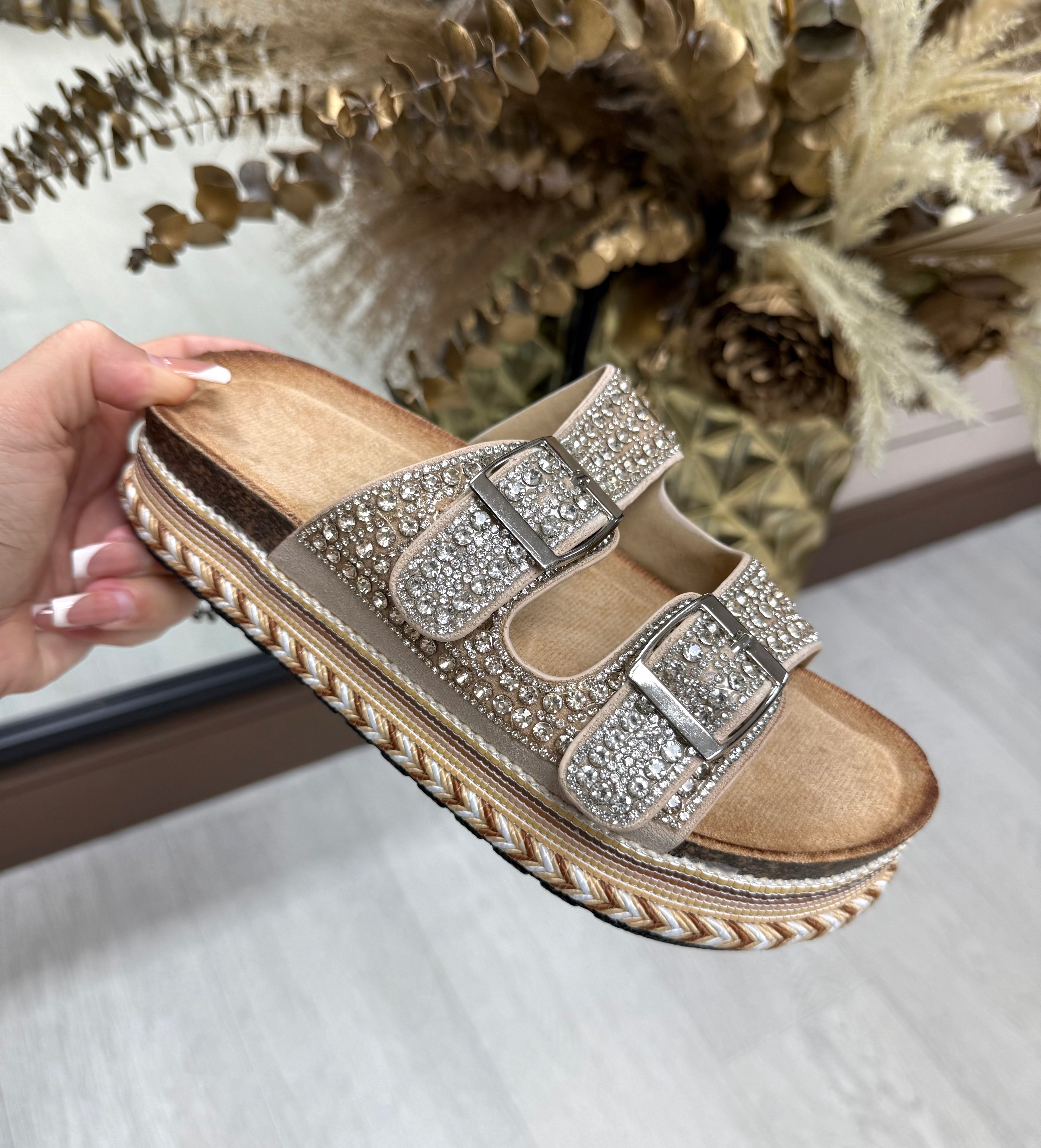 Diamanté Adjustable Buckle Platform Sliders- Beige