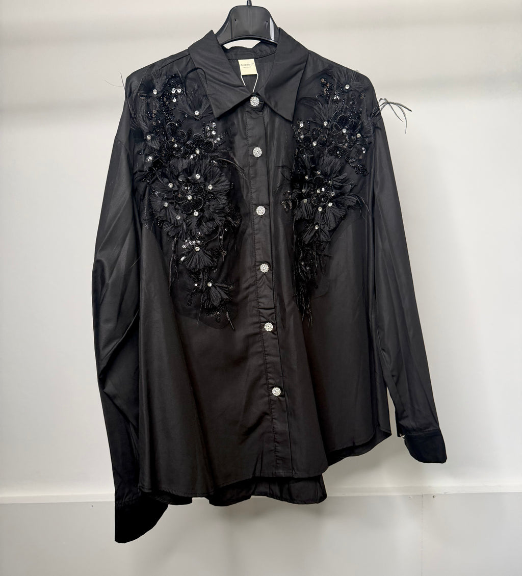 LUXE Embellished Diamanté Mesh Flower Detail Shirt