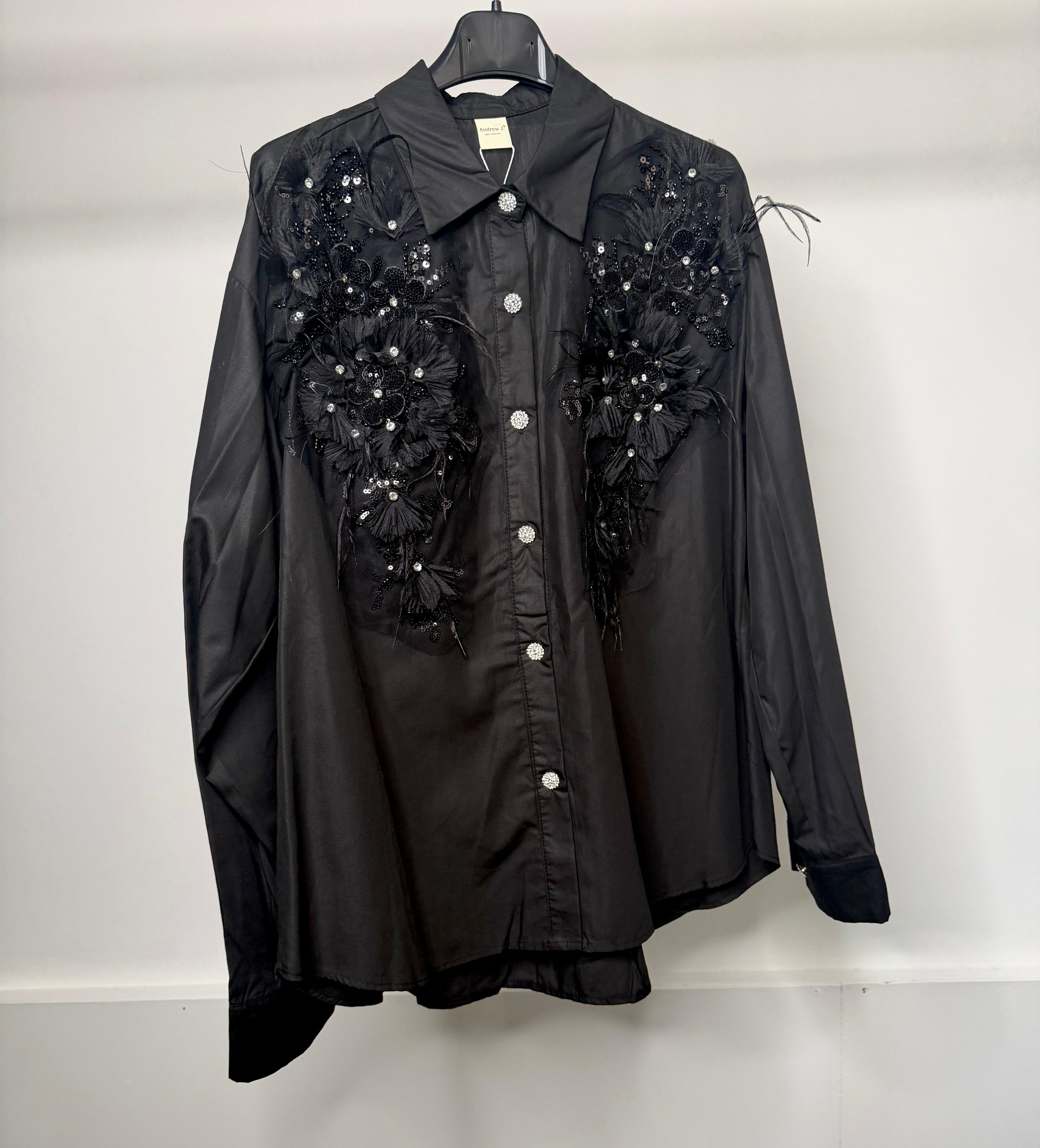LUXE Embellished Diamanté Mesh Flower Detail Shirt