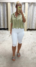 Linen & Cotton Blend Oversized Cropped Shirt With Neon Embroidery