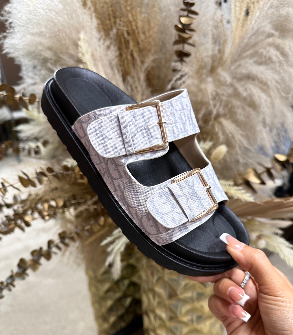 Dior Inspired Buckle Sliders - White