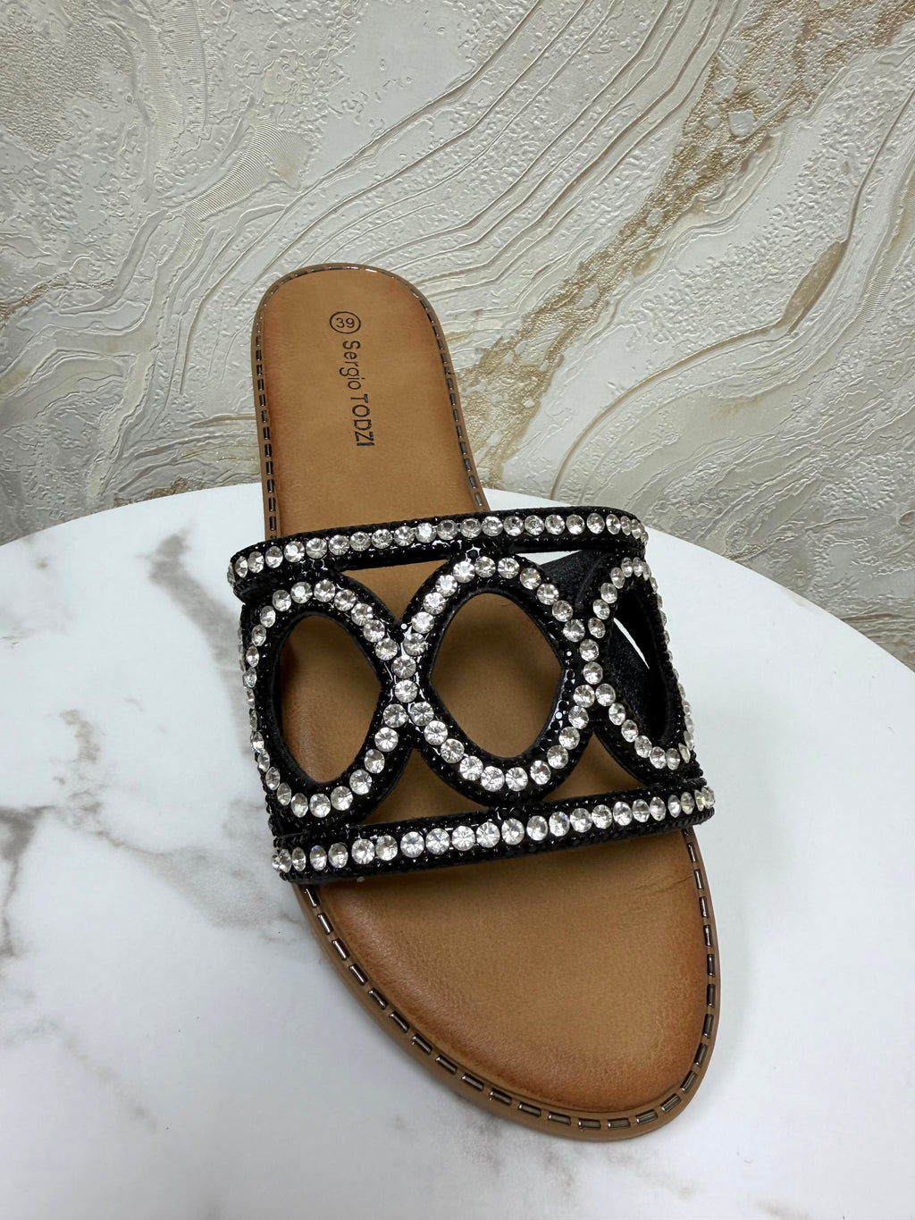Diamanté Soft Sole Sliders - Black