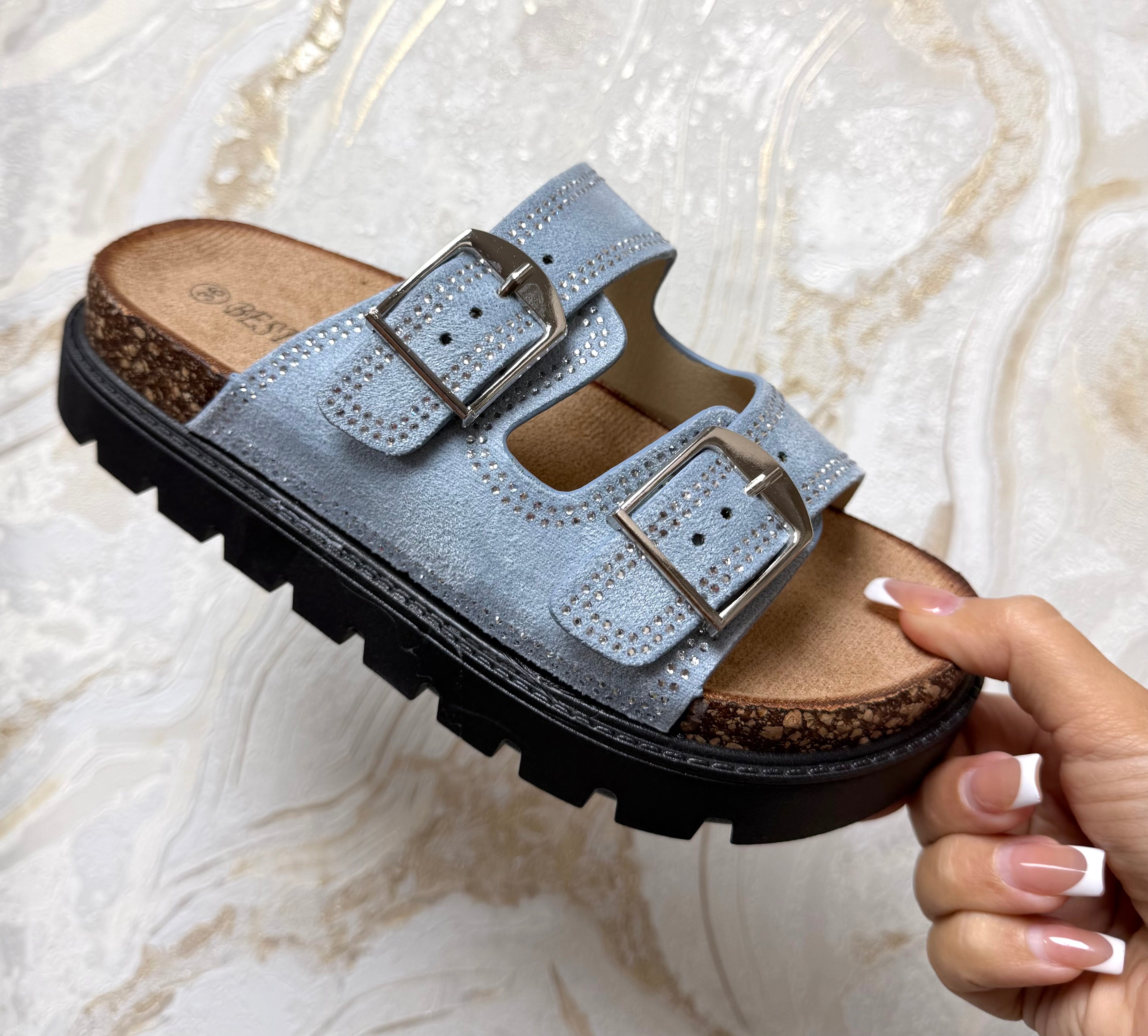 Diamanté Buckle Sliders - Denim Blue