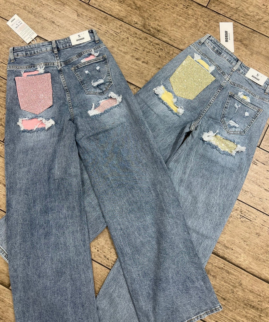 Diamanté Back Pocket Detail Wide Leg Premium Denim Jeans - LEMON POCKET