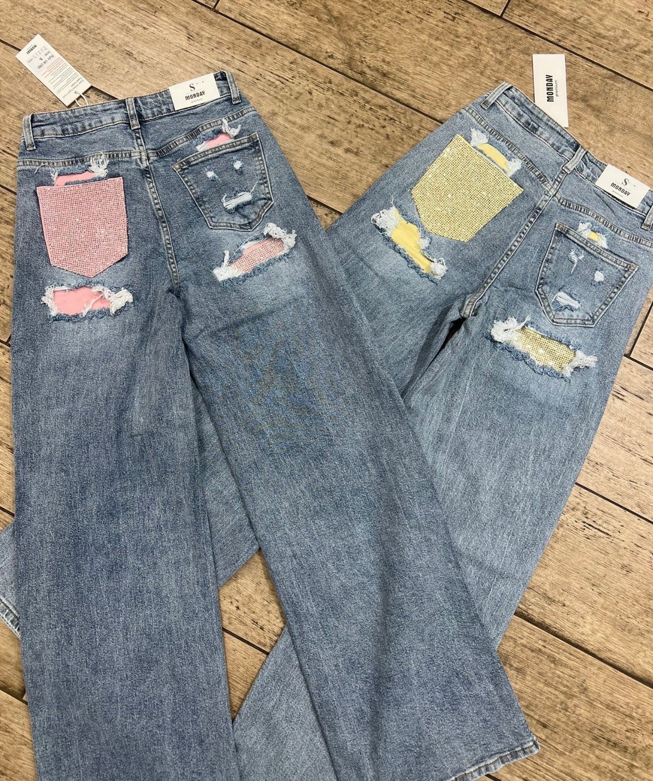 Diamanté Back Pocket Detail Wide Leg Premium Denim Jeans - LEMON POCKET