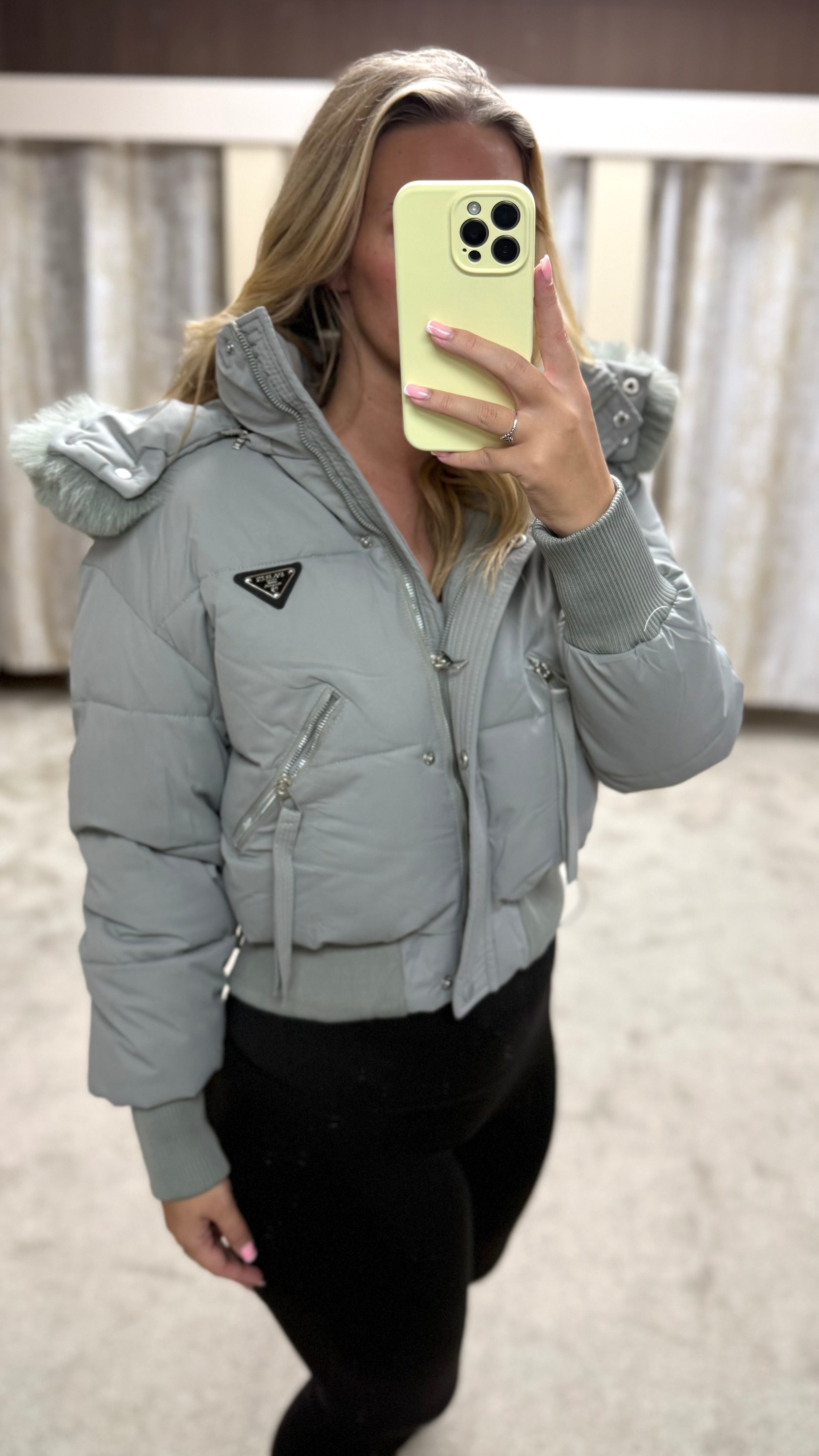 Luxe Faux Fur Paris Logo Coat - Grey / Blue