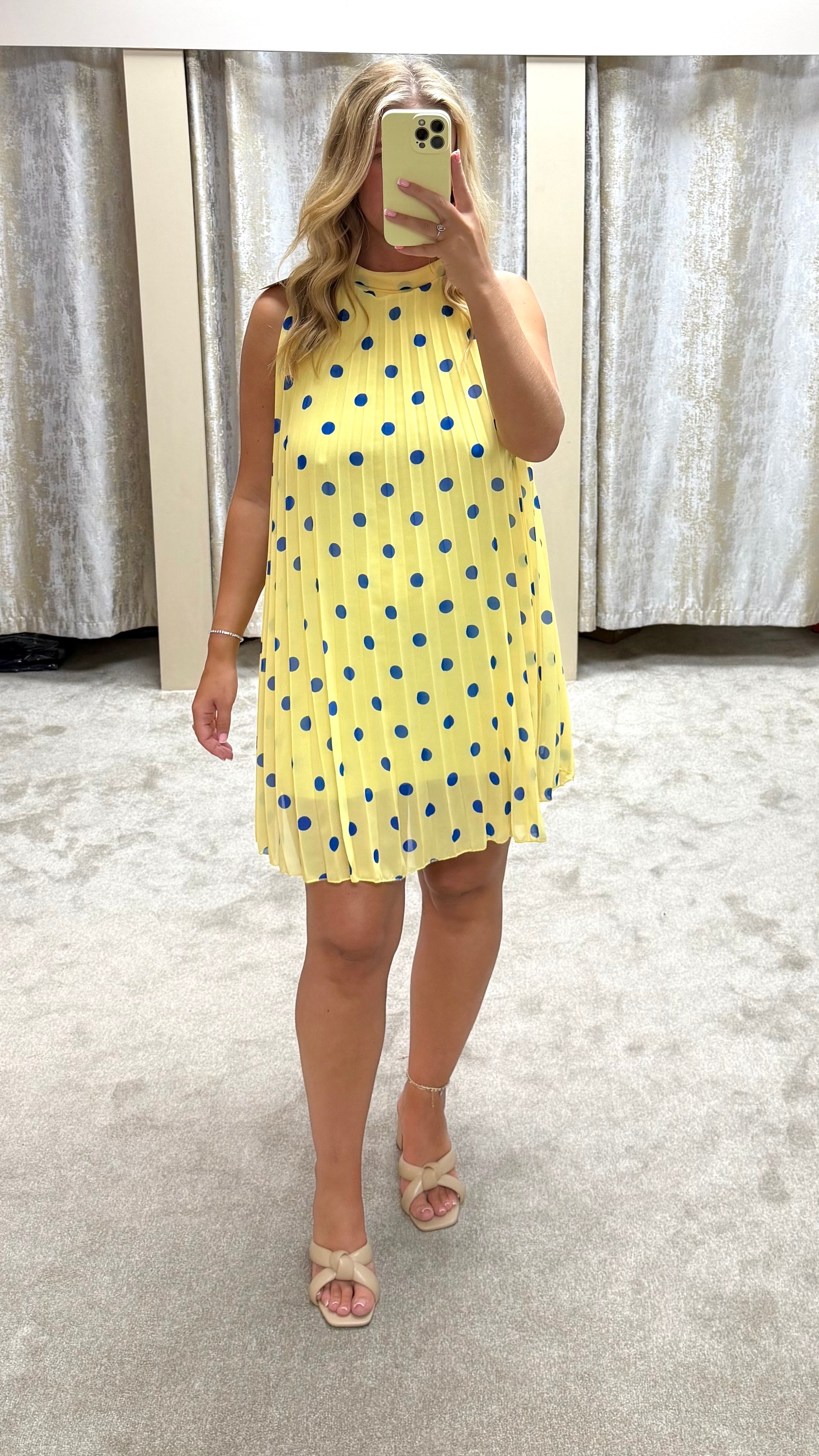 Polka Dot Halter Neck Pleated Dress - Lined Fabric