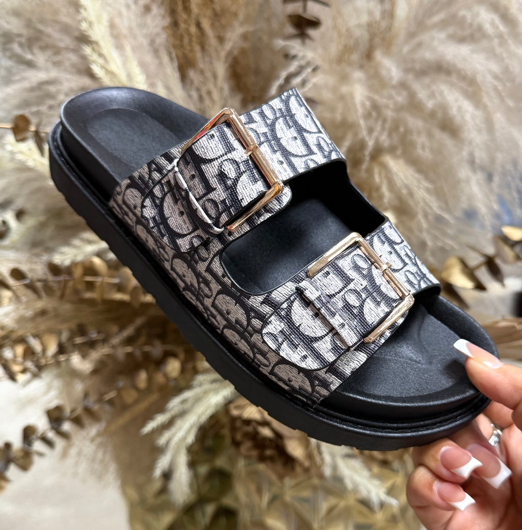 Dior Inspired Buckle Sliders - Black