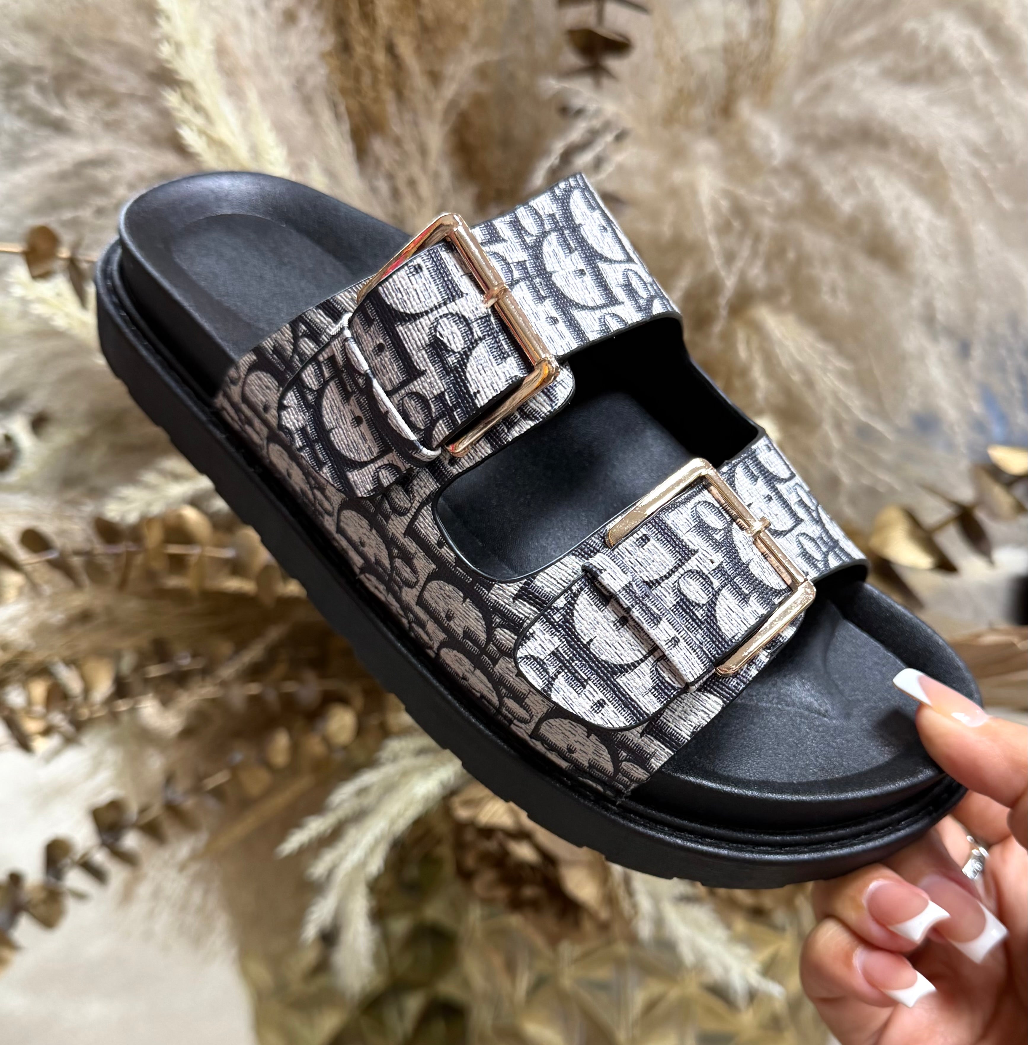 Dior Inspired Buckle Sliders - Black