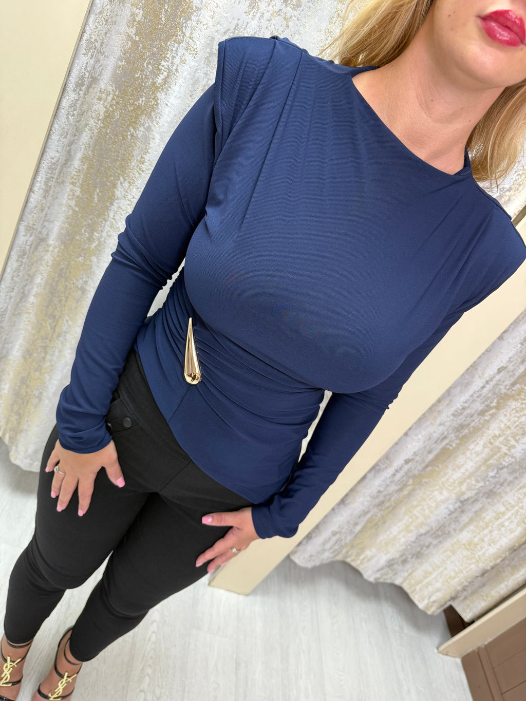 Asymmetric Side Split Long Sleeve Buckle Top with Shoulder Pads & Ruched Detailing