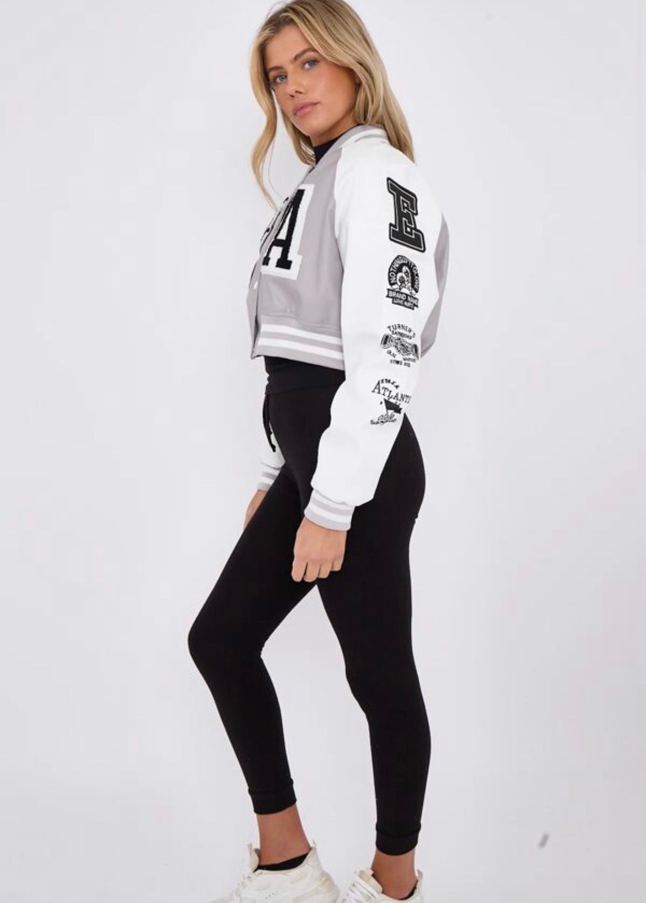 Cropped LA Bomber Jacket - Grey Faux Leather