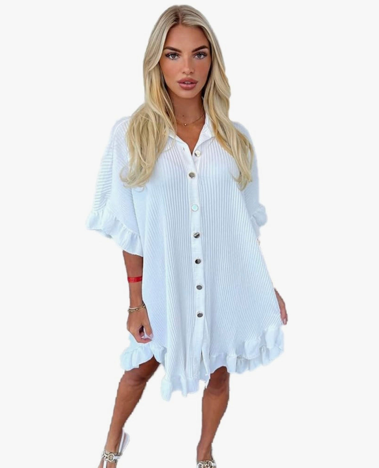 Gold Button Pleated Ruffle Hem Oversized Dress