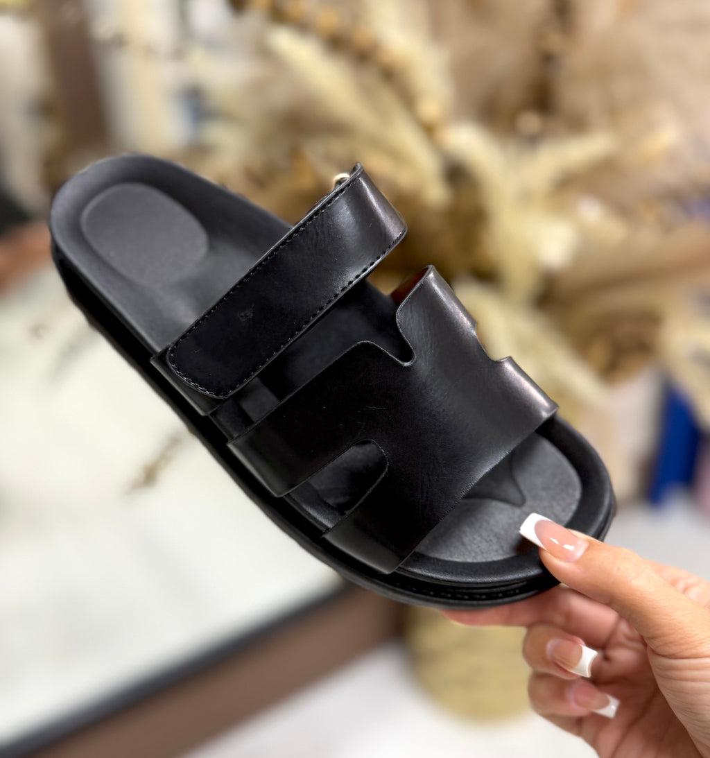 Hermes Inspired Velcro Sliders - Black