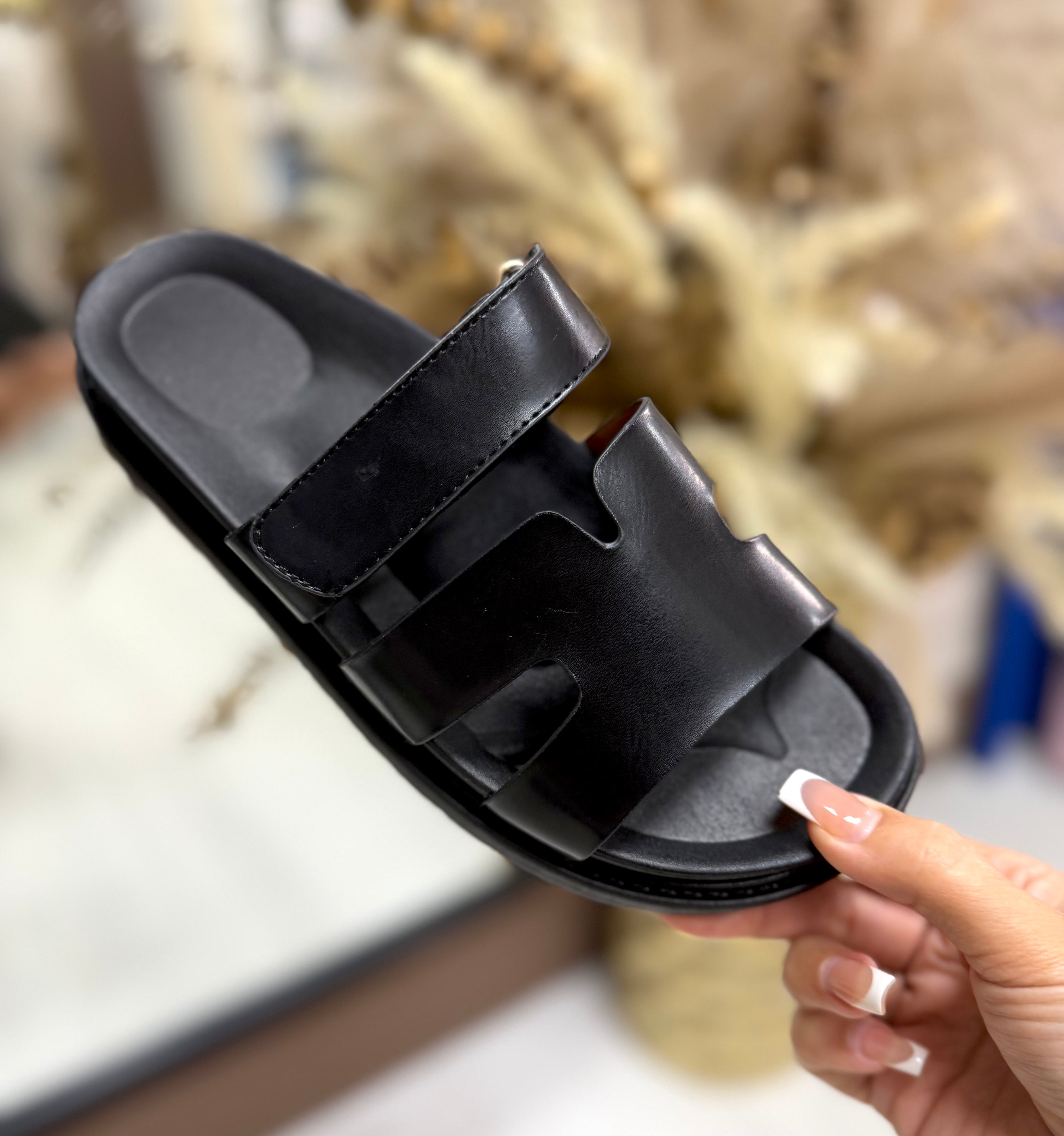 Hermes Inspired Velcro Sliders - Black