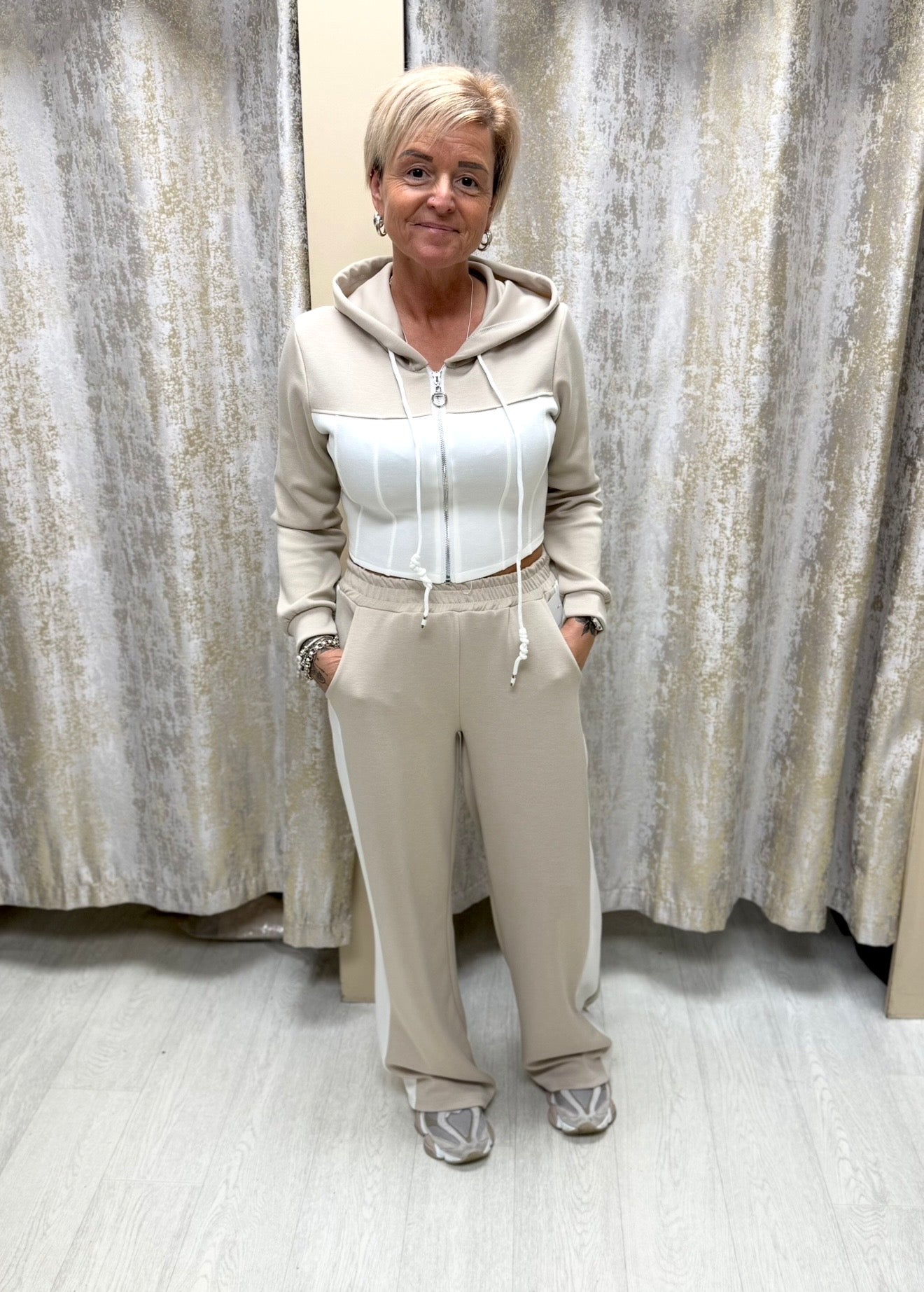 Corset Zip Up Two Tone Detail Hooded Jacket & Joggers Co Ord - Beige & White