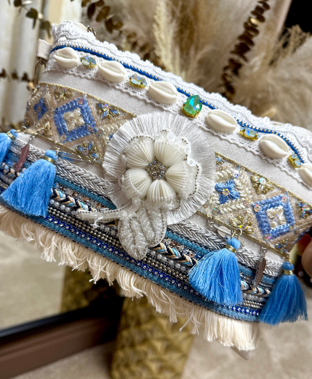 Embellished Boho Clutch Bag - Blue Flower