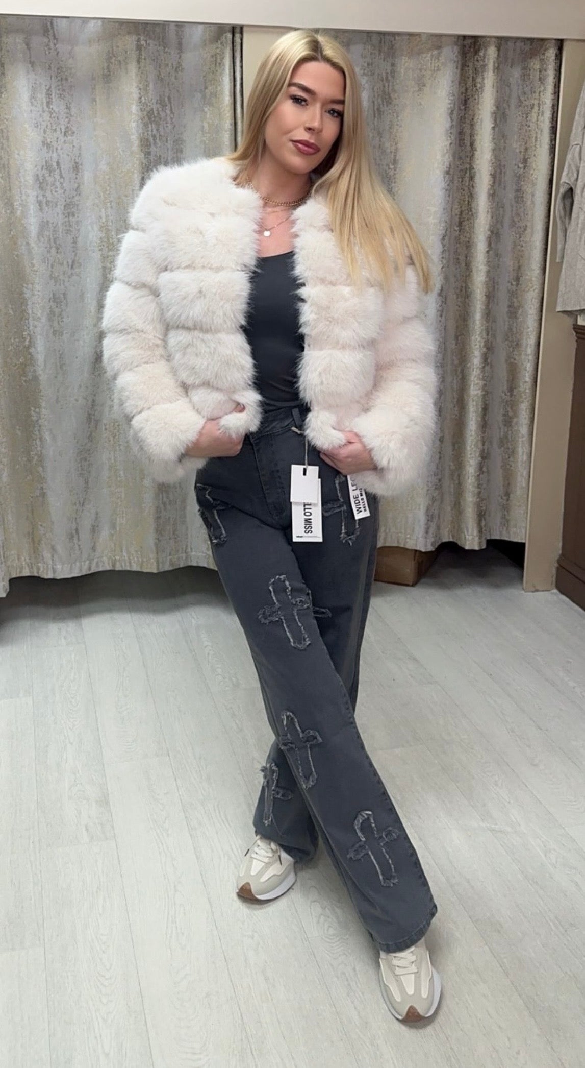 Crucifix Premium Denim Wide Leg High Waisted Stretchy Jeans - Grey