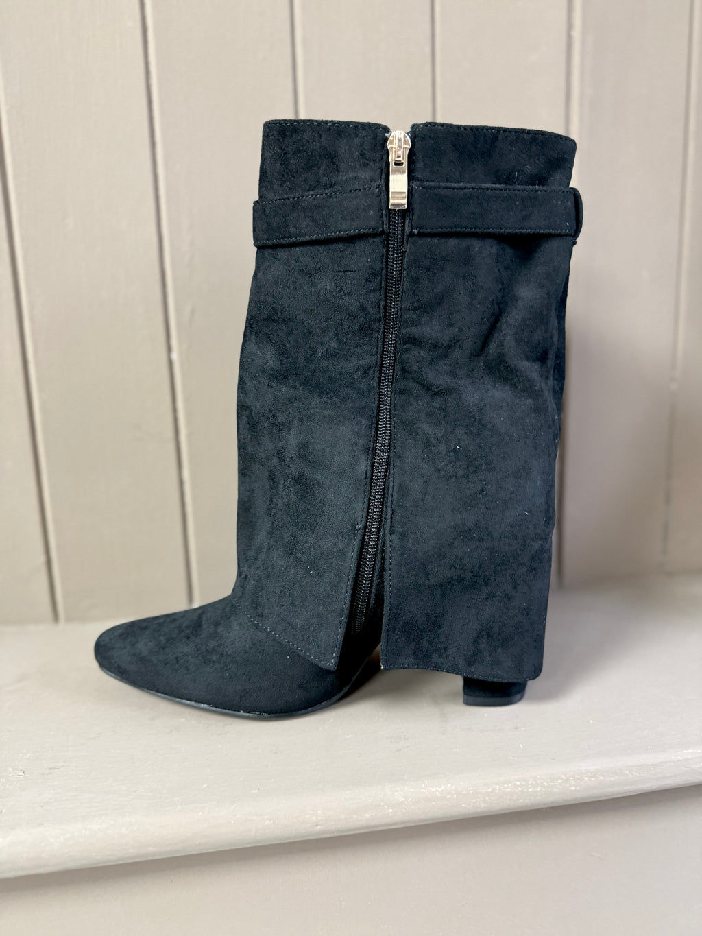 Fold Over Block Heel Shark Boots - Faux Suede with Gold Hardware Detail