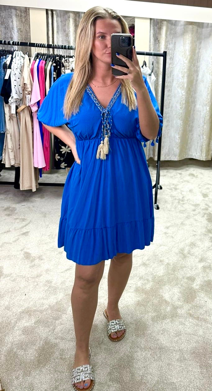 Tassel Detail V Neck Elasticated Waist Smock Dress