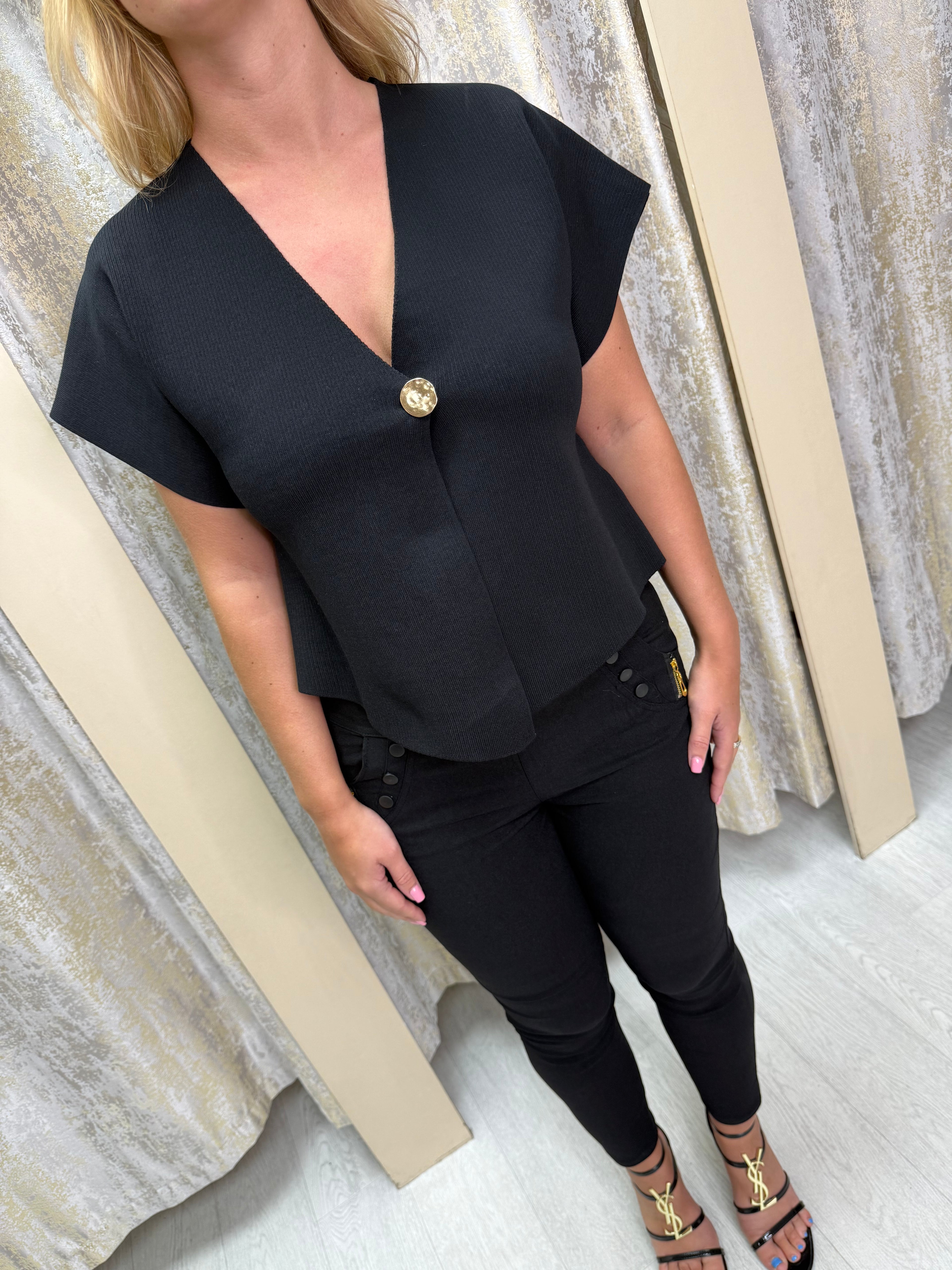 Cap Sleeve Wrap Top with Gold Button Detail