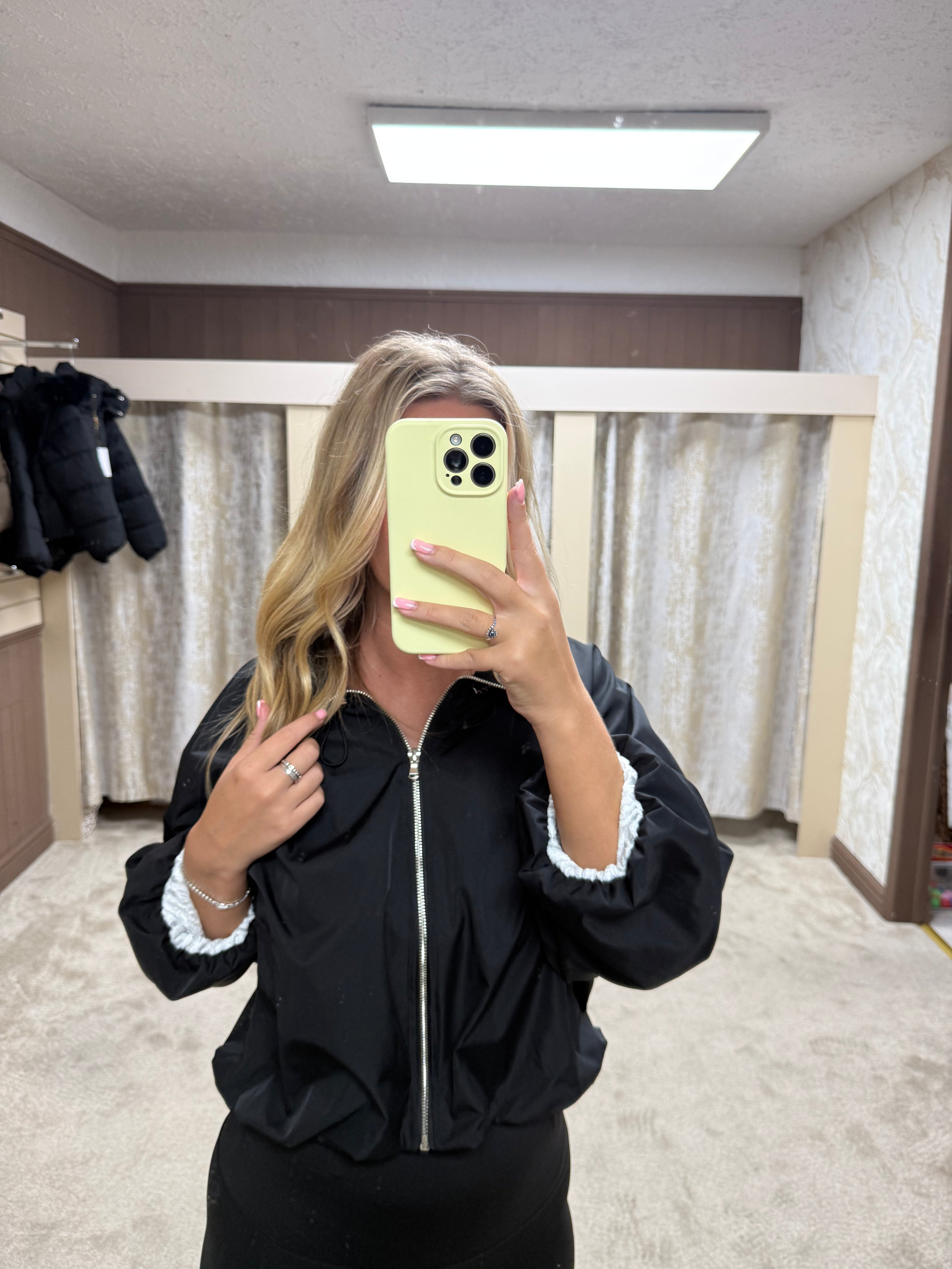 Ruched Collar Detail Waist Cinching Elasticated Zip Up Jacket