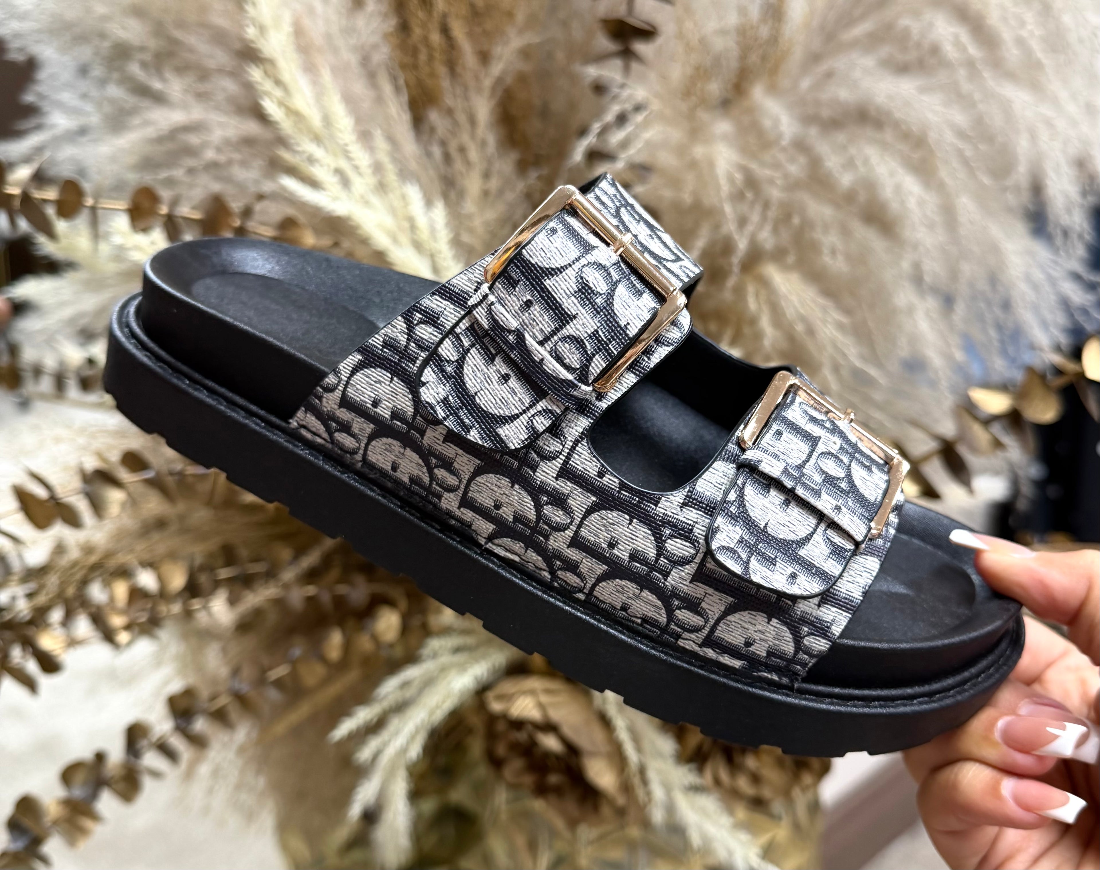 Dior Inspired Buckle Sliders - Black
