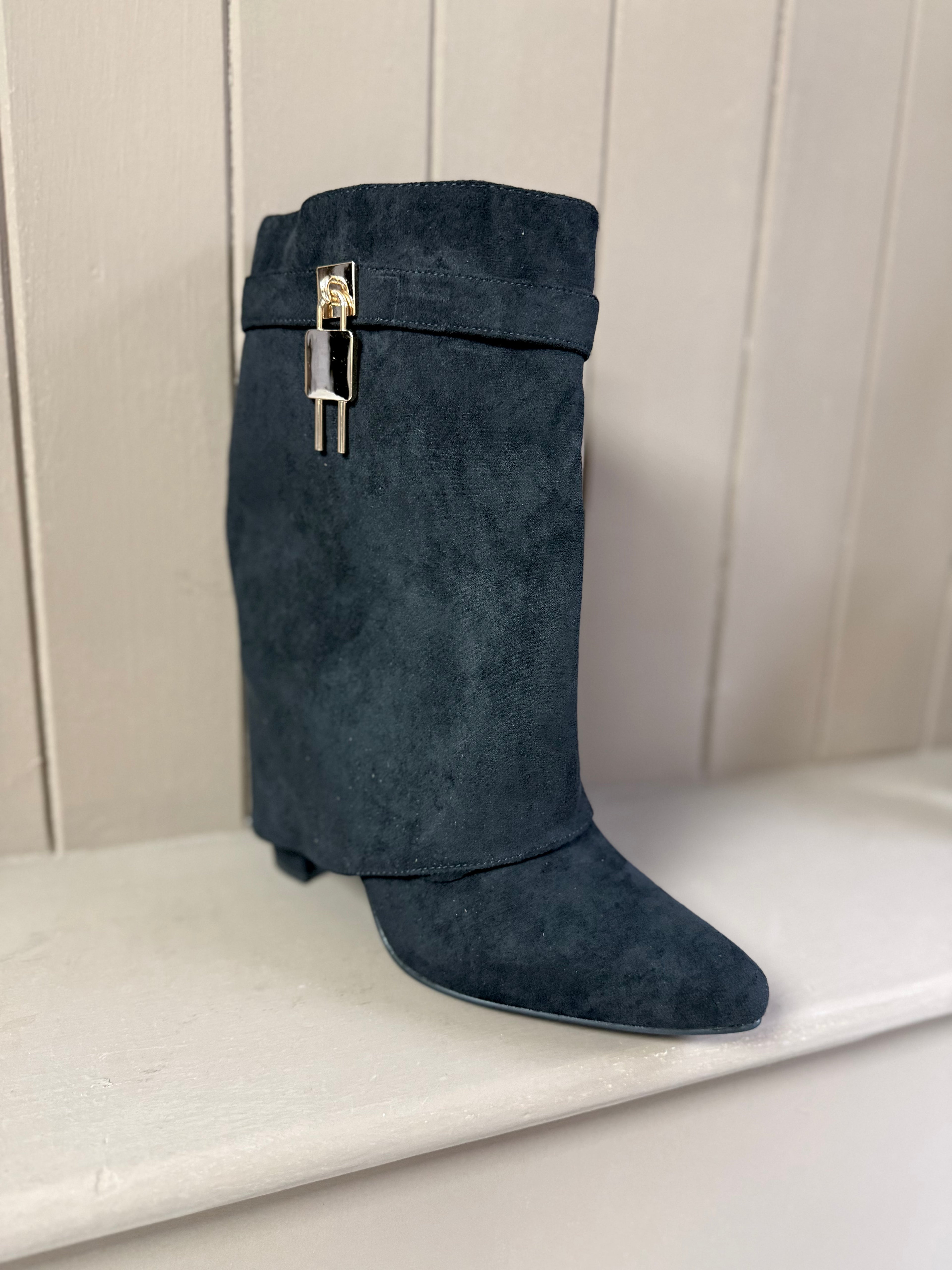 Fold Over Block Heel Shark Boots - Faux Suede with Gold Hardware Detail