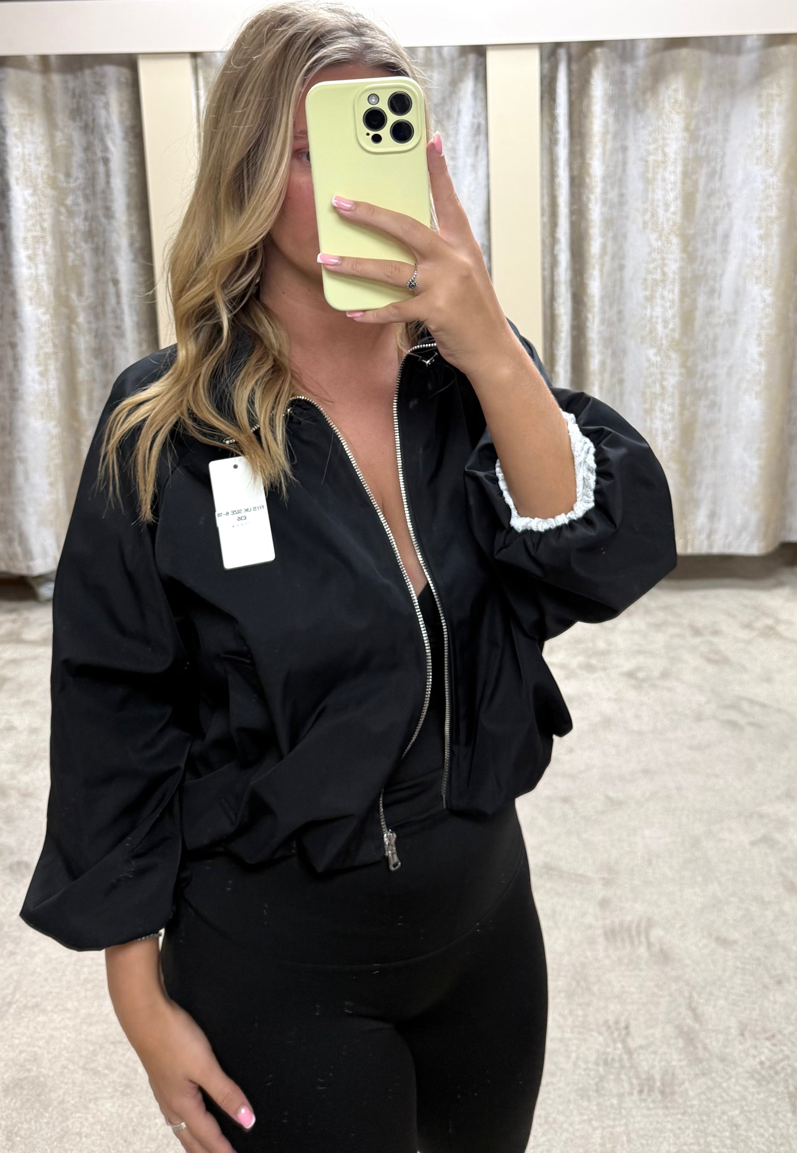 Ruched Collar Detail Waist Cinching Elasticated Zip Up Jacket