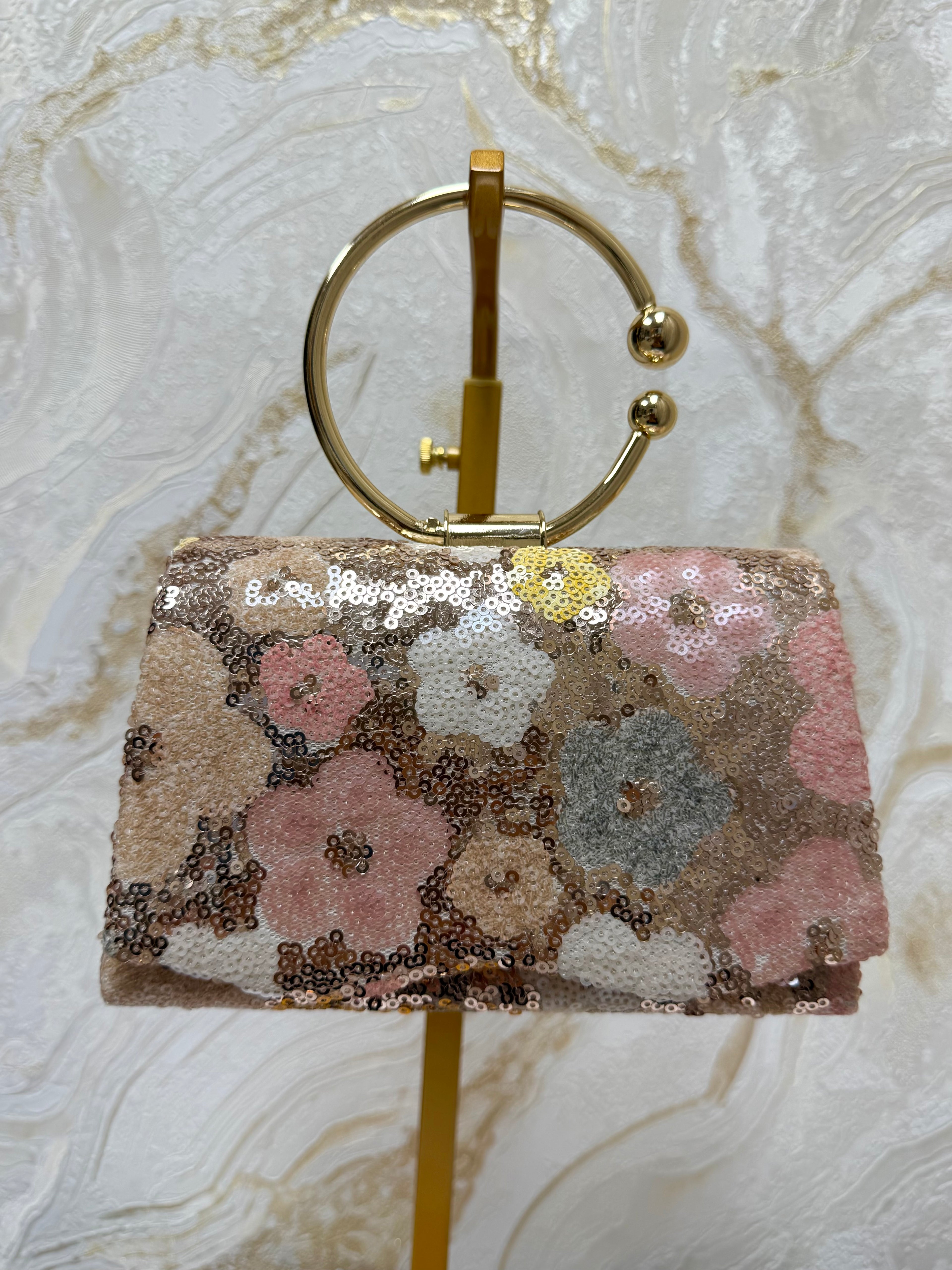 Gold Ring Handle Flower Detail Sequin Bag - Pastel Tones