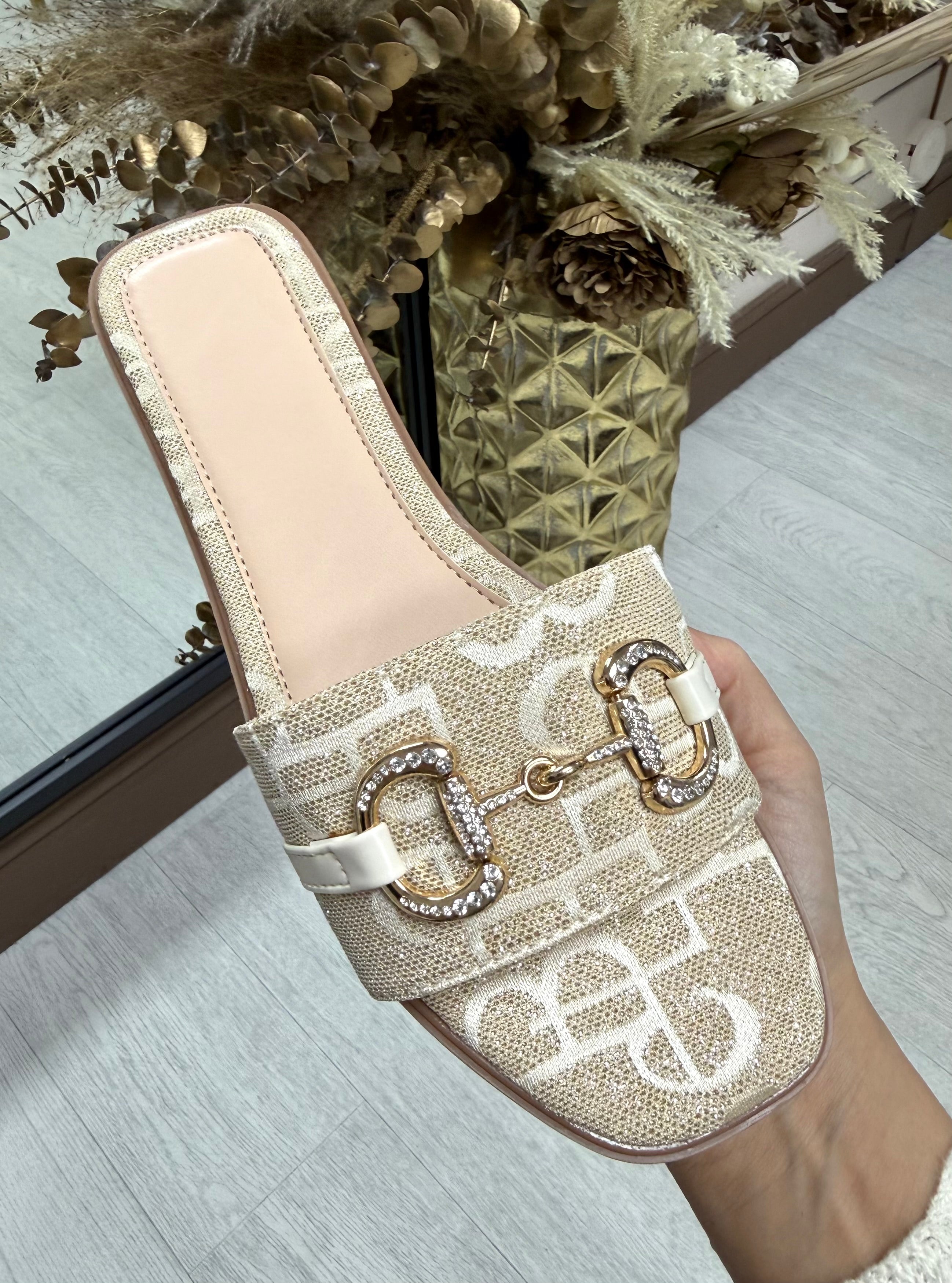 Diamanté Horsebit Slider in Glitter Champagne Gold