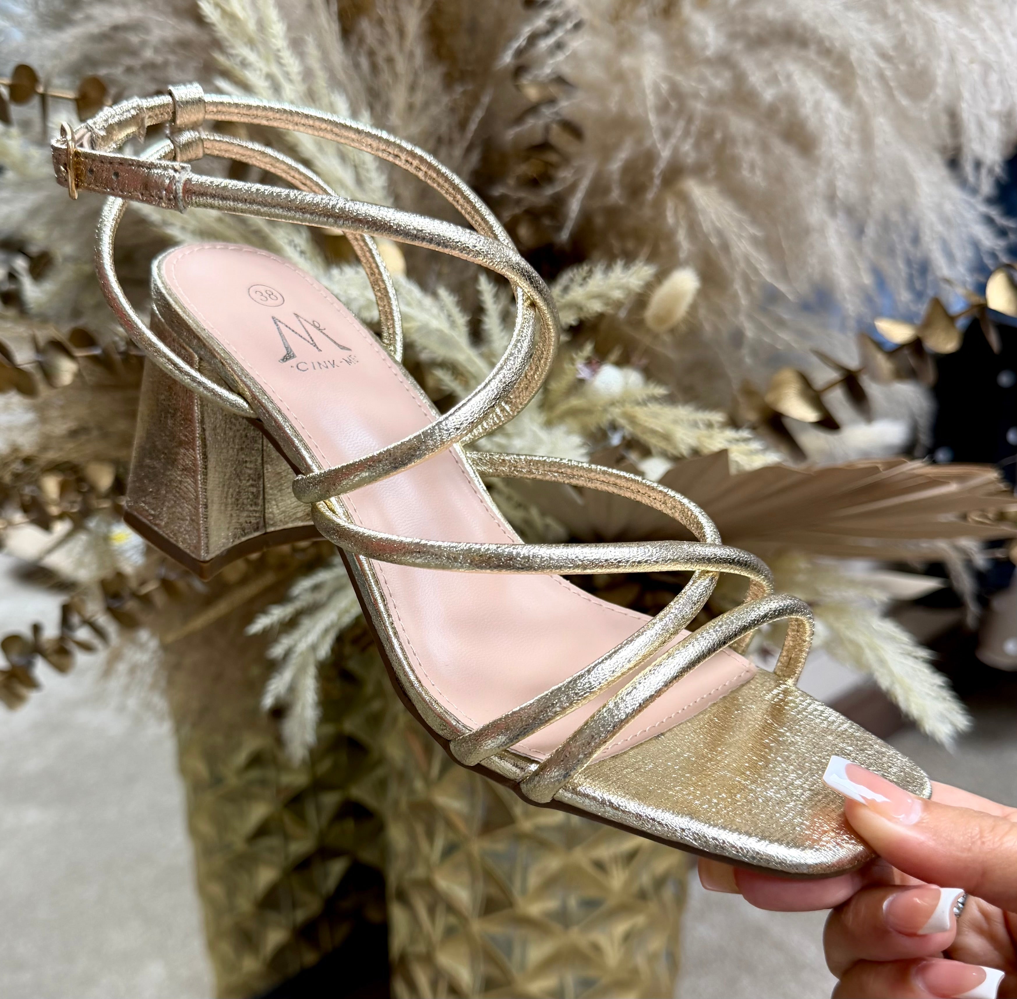 Strappy Comfy Block Heels - Metallic Gold