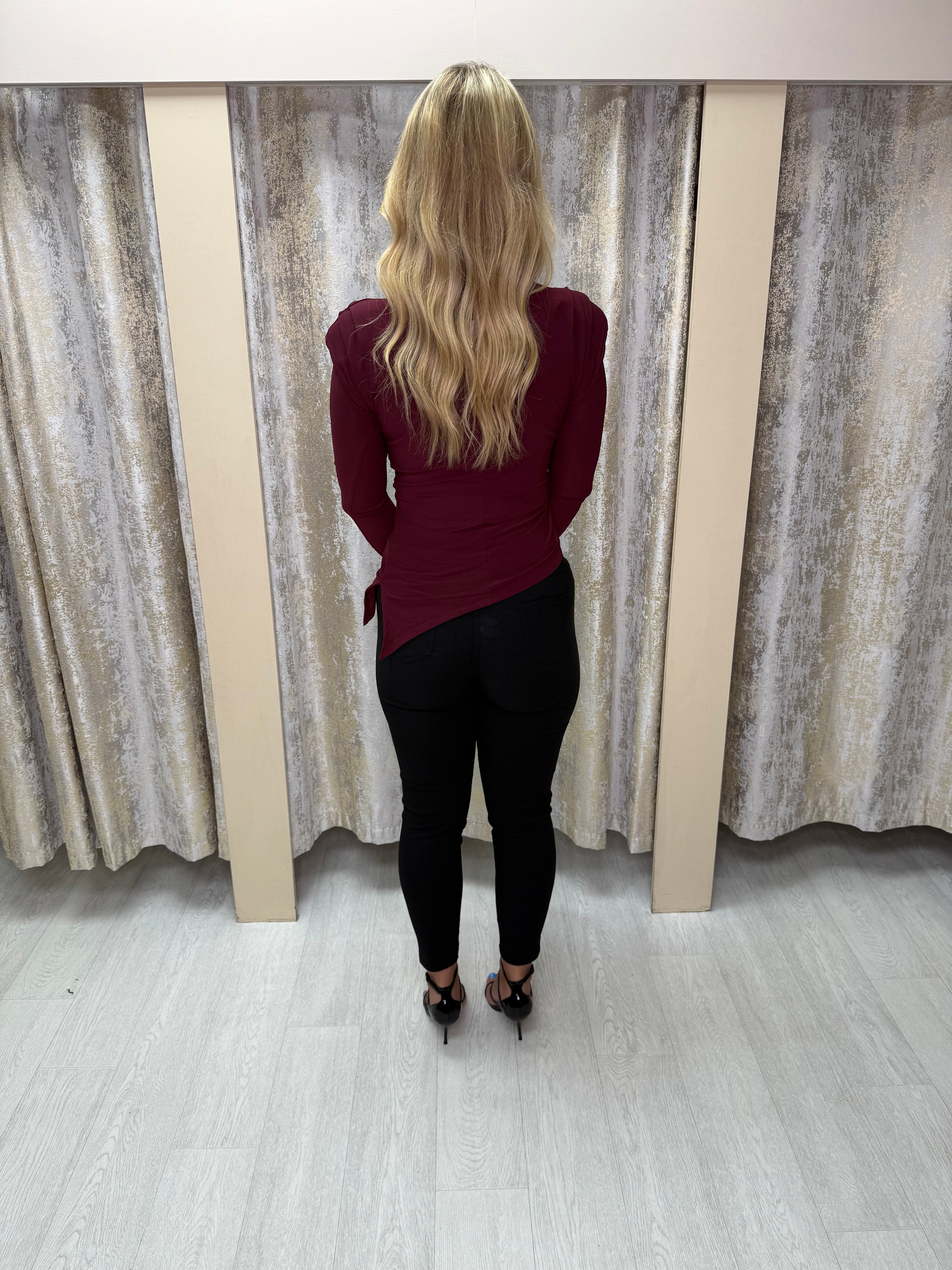 Asymmetric Side Split Long Sleeve Buckle Top with Shoulder Pads & Ruched Detailing