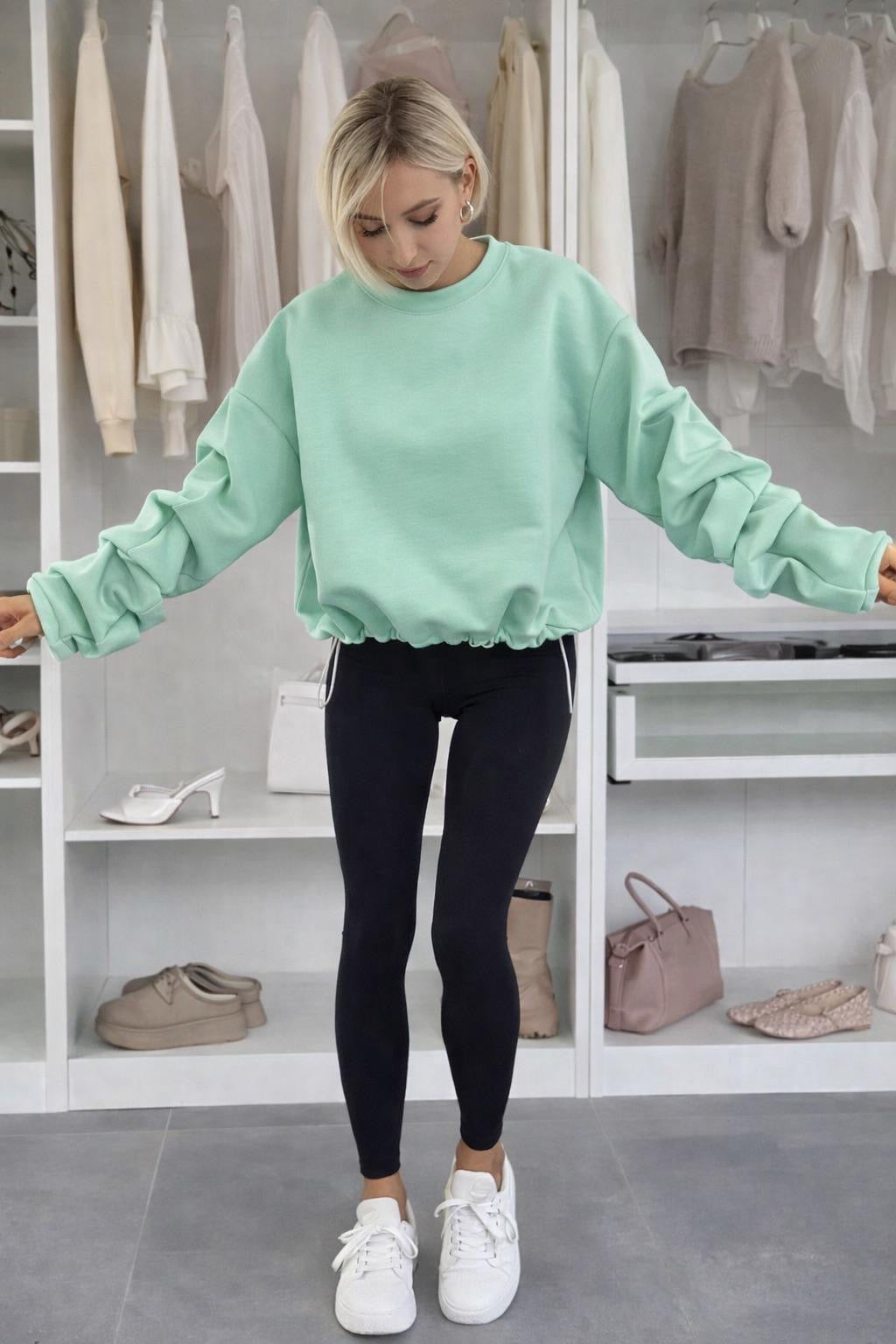 Oversized Soft Scuba Waist Cinching Toggle Jumpers with Ruched Sleeve Detail